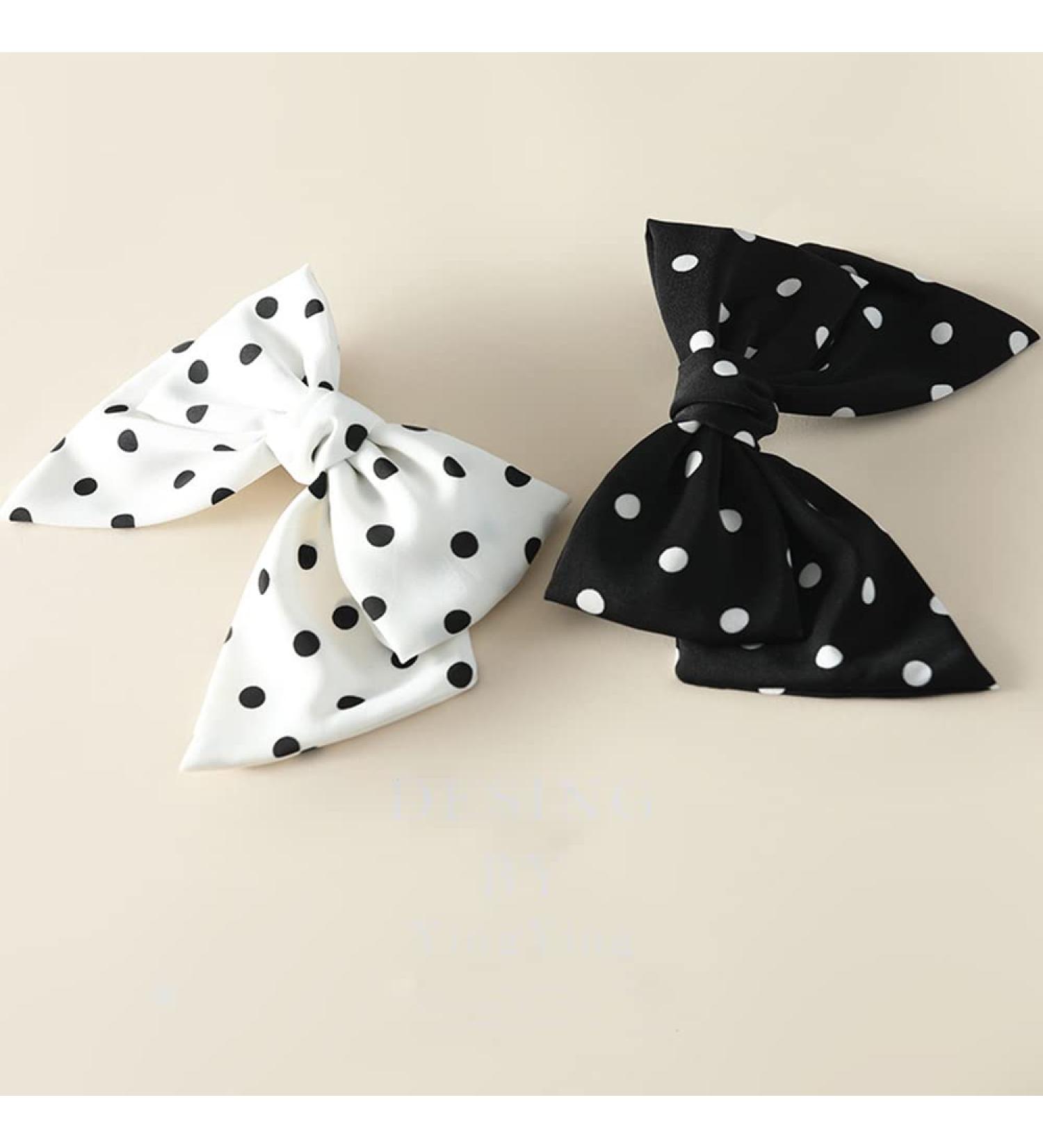Large Hair Bow Clip Alligator Clips Big Bowknot French Barettes Ponytail Holder - Black White Polka-dots - Buy Online on GoSupps.com
