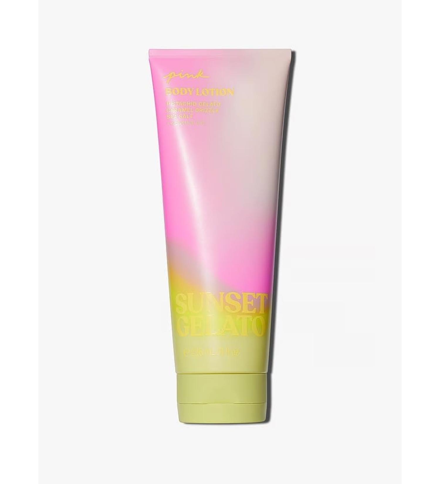 VS Pink Sunset Gelato Body Lotion full size Pistachio Gelato Caramel Drizzle Swa Salt with essential oils