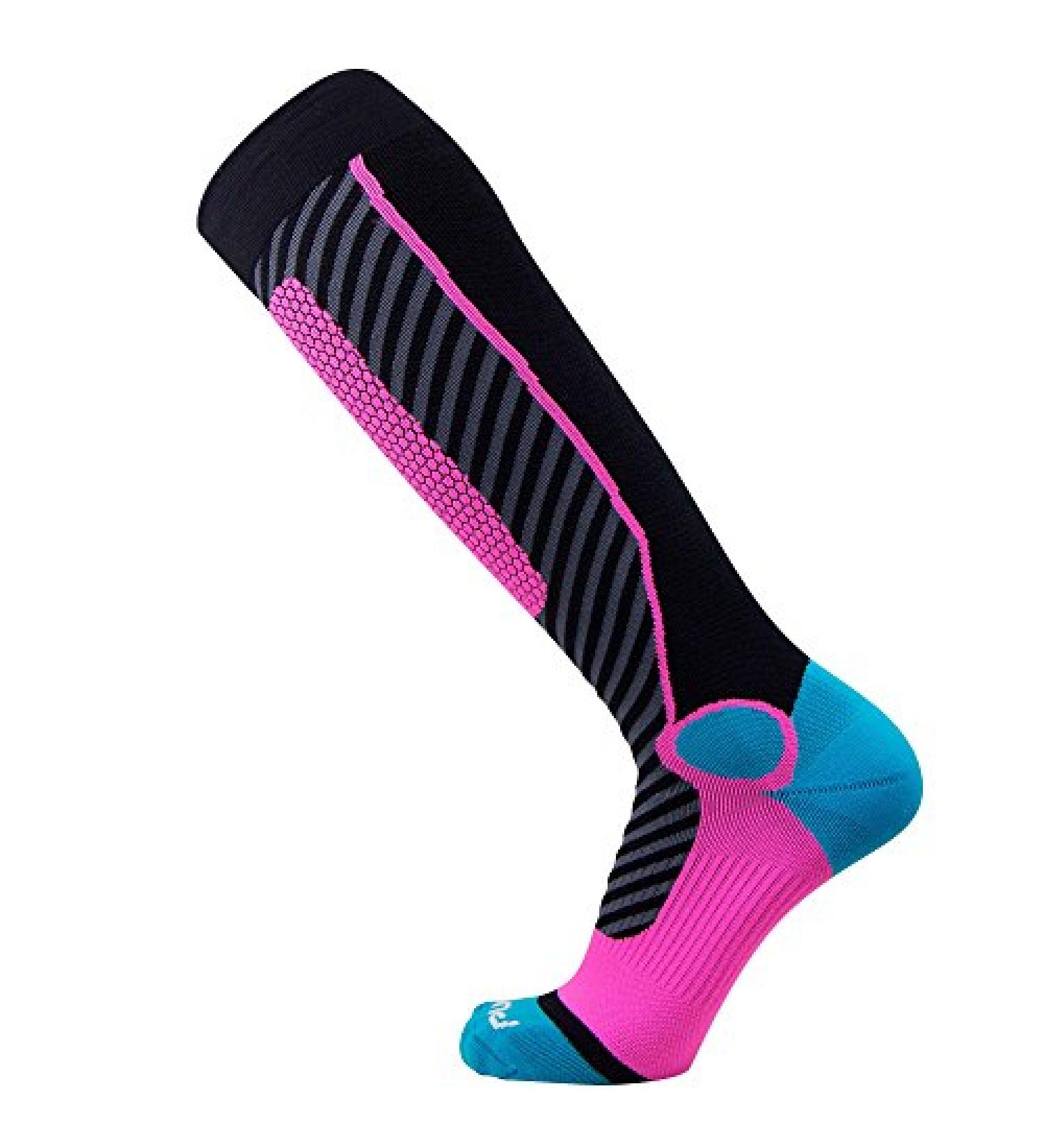 Pure Athlete Merino Wool Ski Socks - Warm Winter Snowboard Socks with Shin Padding - Black/Aqua/Neon Pink - 1 Pair - Buy Online on GoSupps.com