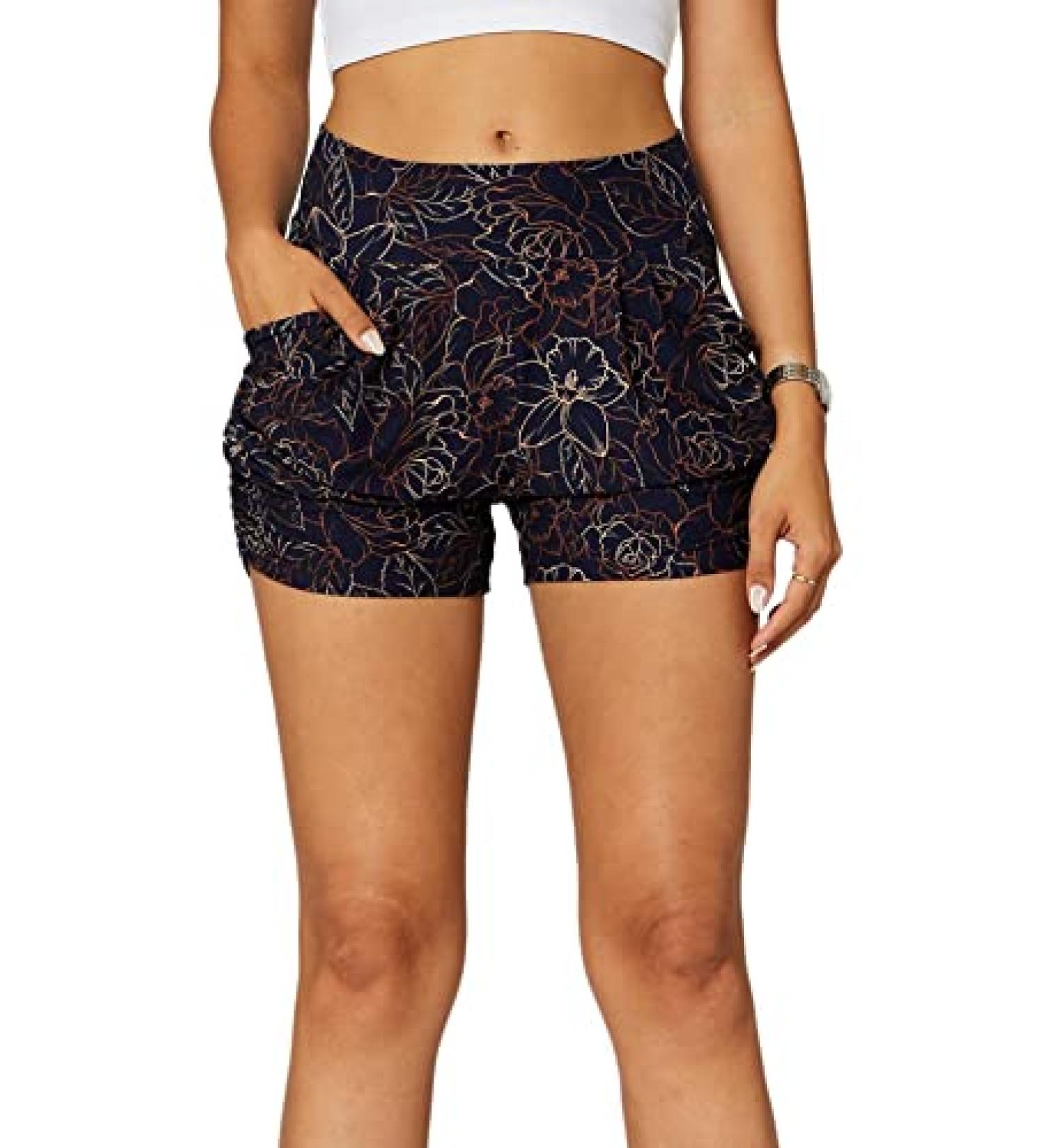 Conceited High Waisted Flowy Shorts with Pockets, 4-Way Stretch - 4 Inseam Harem Style for Women (Fleur S-M) - Buy Online on GoSupps.com