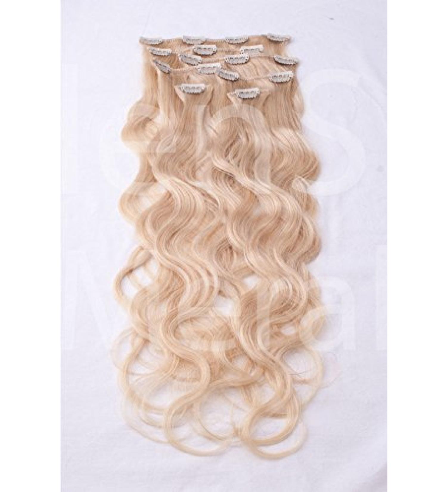 Clip in extensions set 100% real hair 7 part 70g hair extension 40-45cm corrugated (55cm stretched) Clip-in hair extension #60 white blonde