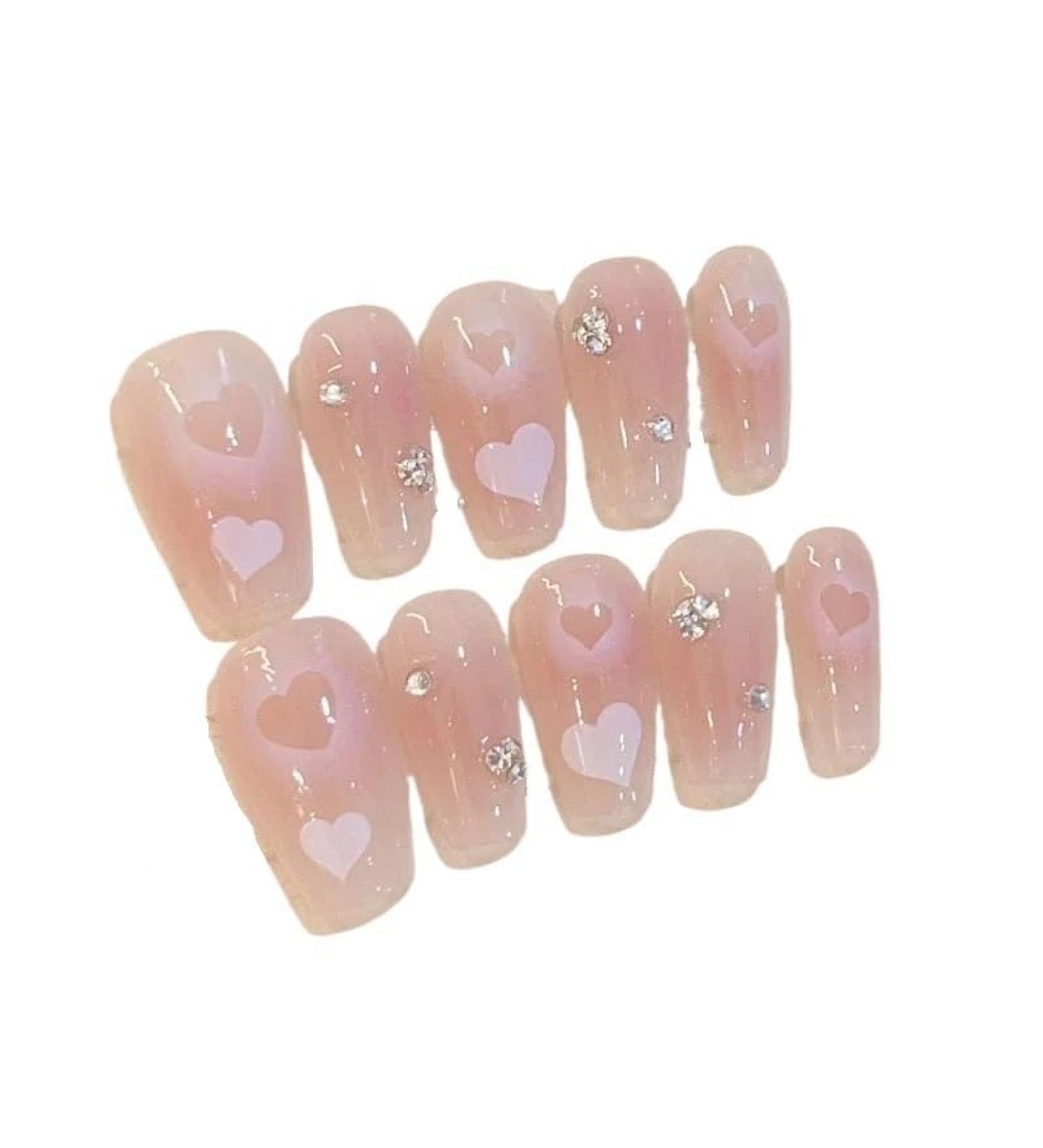 Handmade peach pink jelly press on nails long full cover ballet fake nails with glue detachable stick on nails short tips (Color : 2 Size : M)