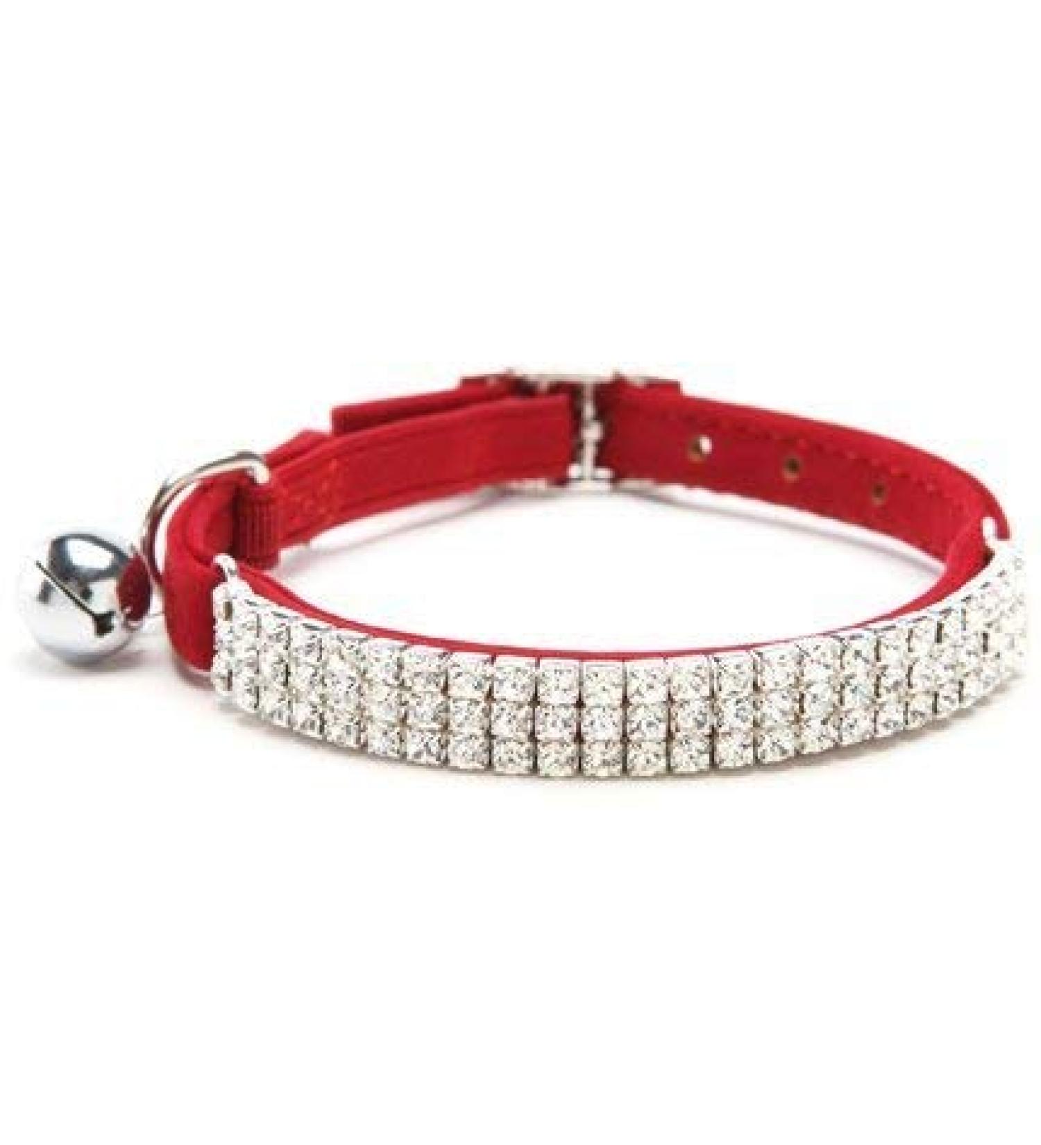 CHUKCHI Soft Adjustable Velvet Collar for Small Dogs & Cats - Red with Rhinestones & Bells - Buy Online on GoSupps.com