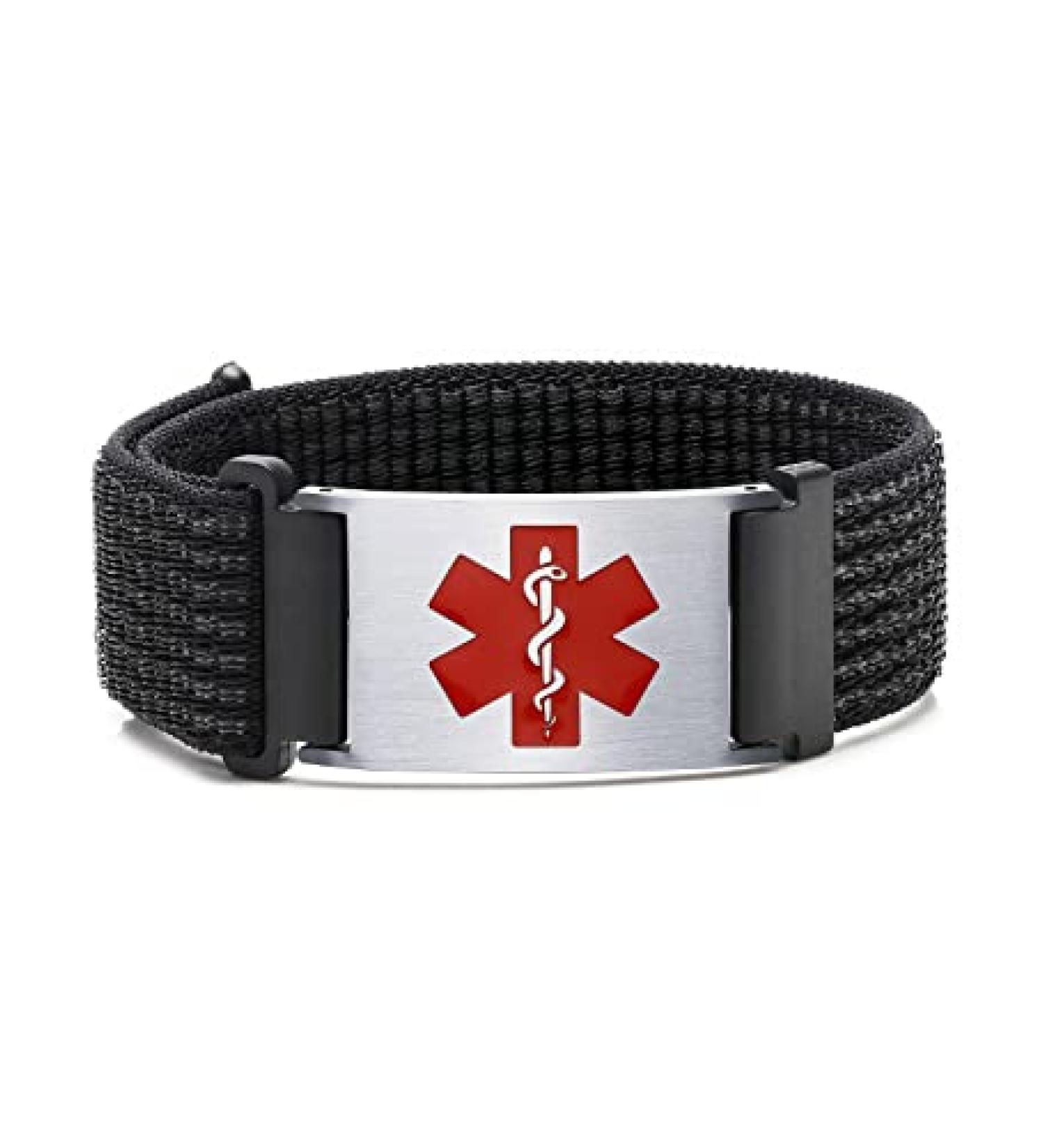 Personalized Sport Medical Alert Bracelet | Custom Engraved ID Band - Hook and Loop Black Bracelet | Stainless Steel Tag | Free Engraving - Buy Online on GoSupps.com