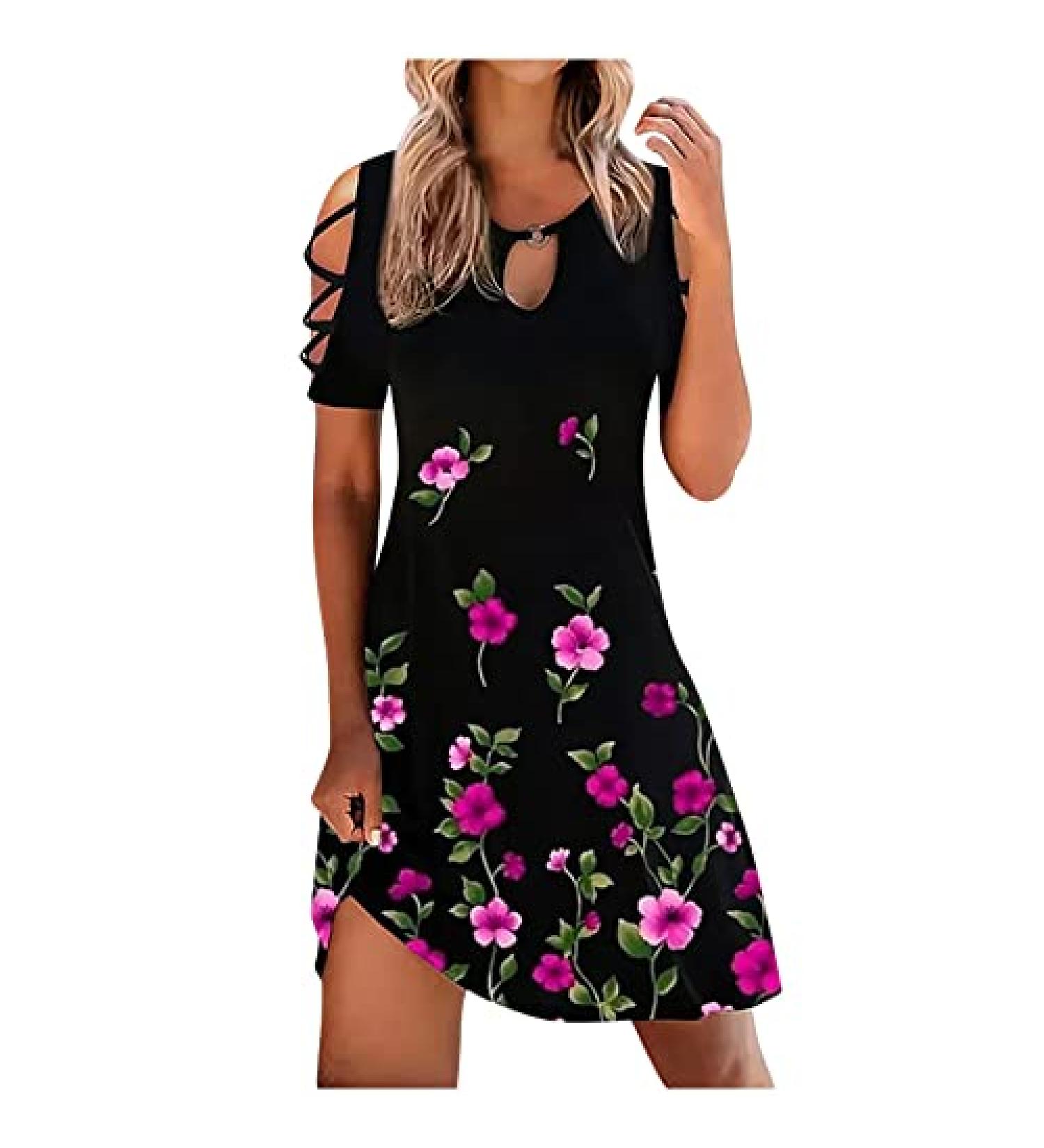 BOXIACEY Womens Casual Floral Print Cold Shoulder Swing Dress - Large, Purple - Buy Online on GoSupps.com