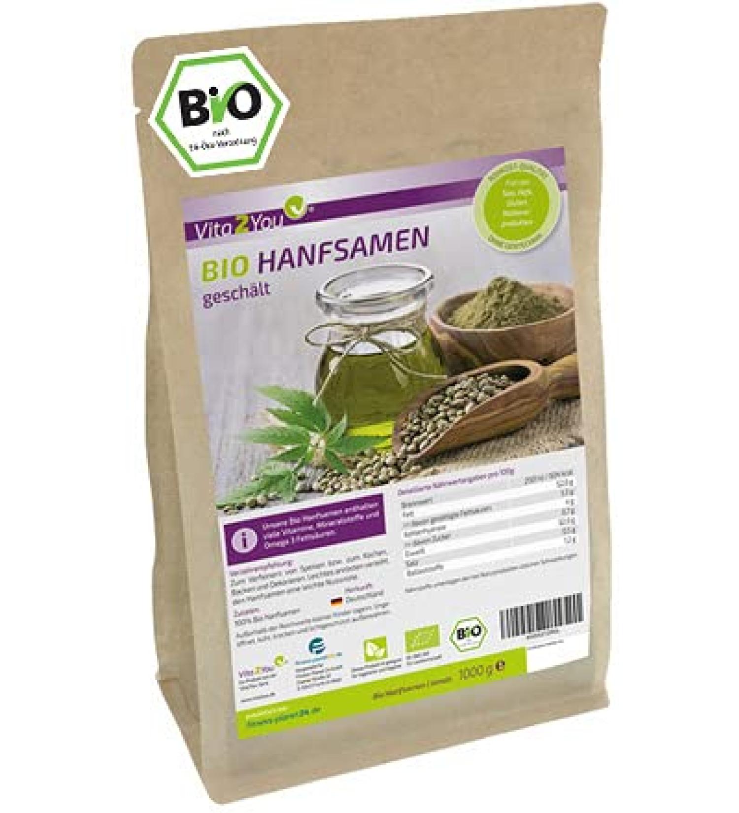 Vita2You Organic Hemp Seeds 1kg - German Cultivation 100% Raw Food Quality Premium Peel - Buy Online - Buy Online on GoSupps.com