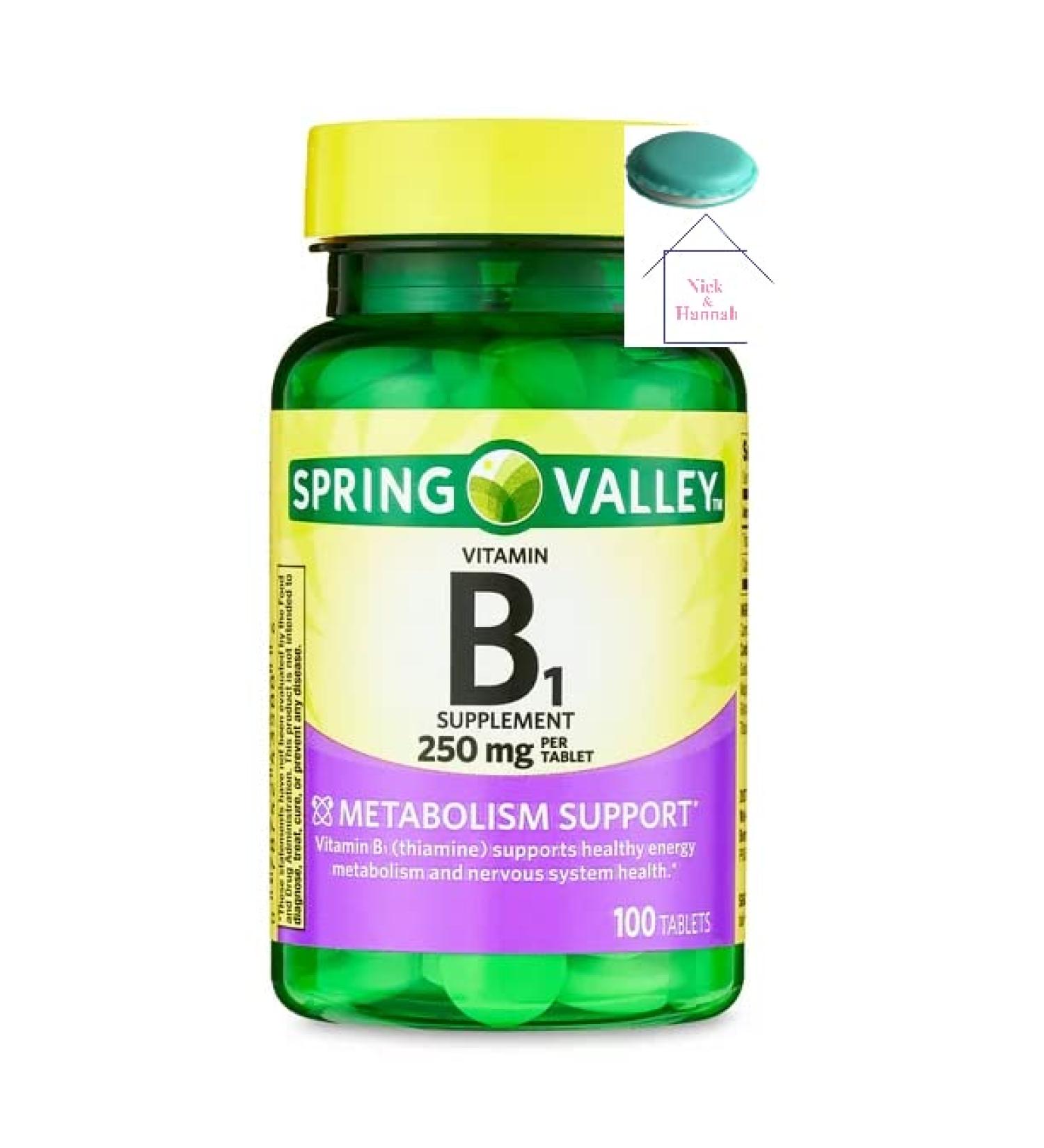 Spring Valley Vitamin B1 Tablets Dietary Supplement 250 mg 100 Count + 1 Mini Pill Container (Color Varies)