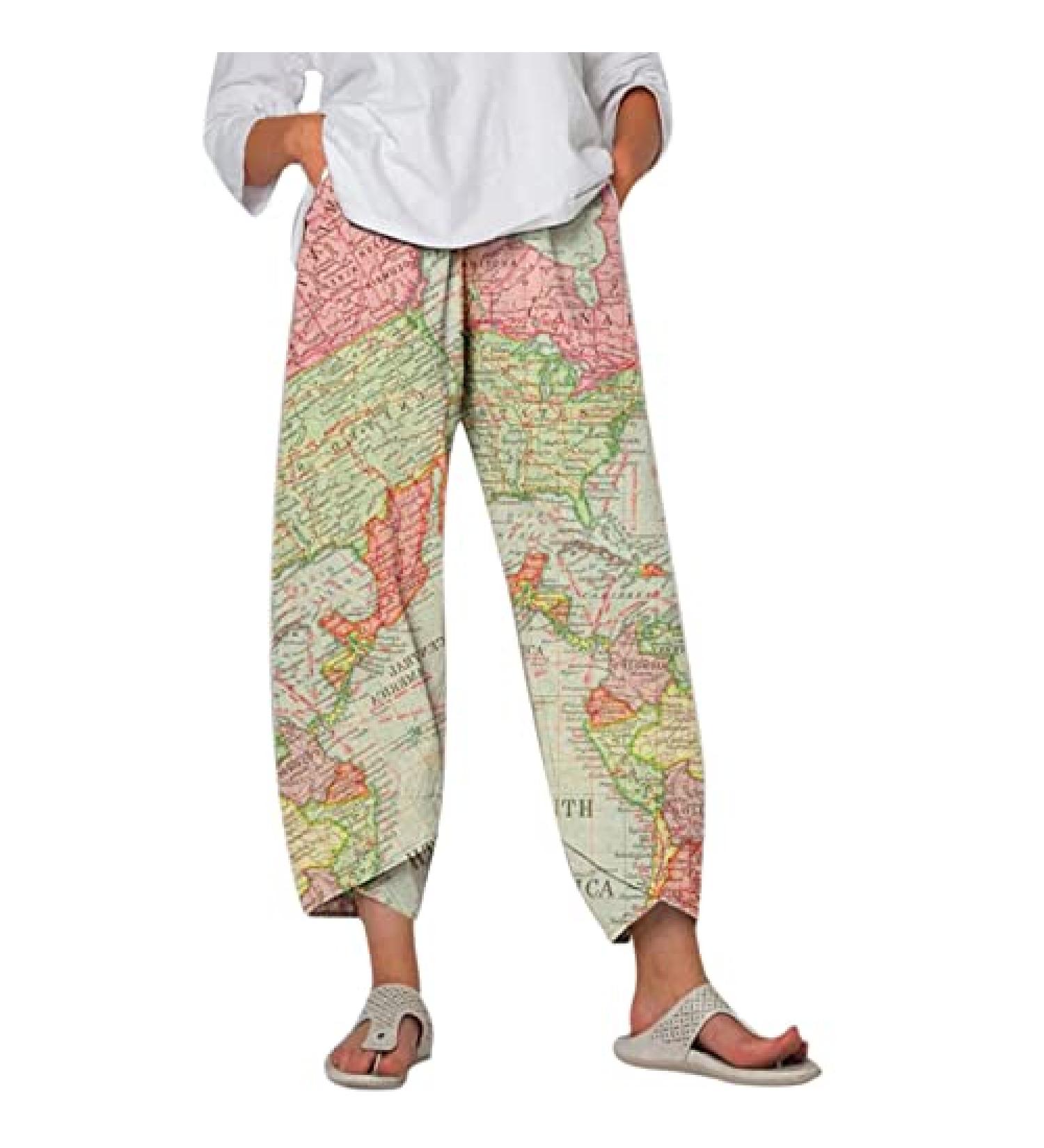 Green Floral Print Wide Leg Capri Pants - Women's Summer Elastic Waist Crop - Plus Size Large - Buy Online on GoSupps.com