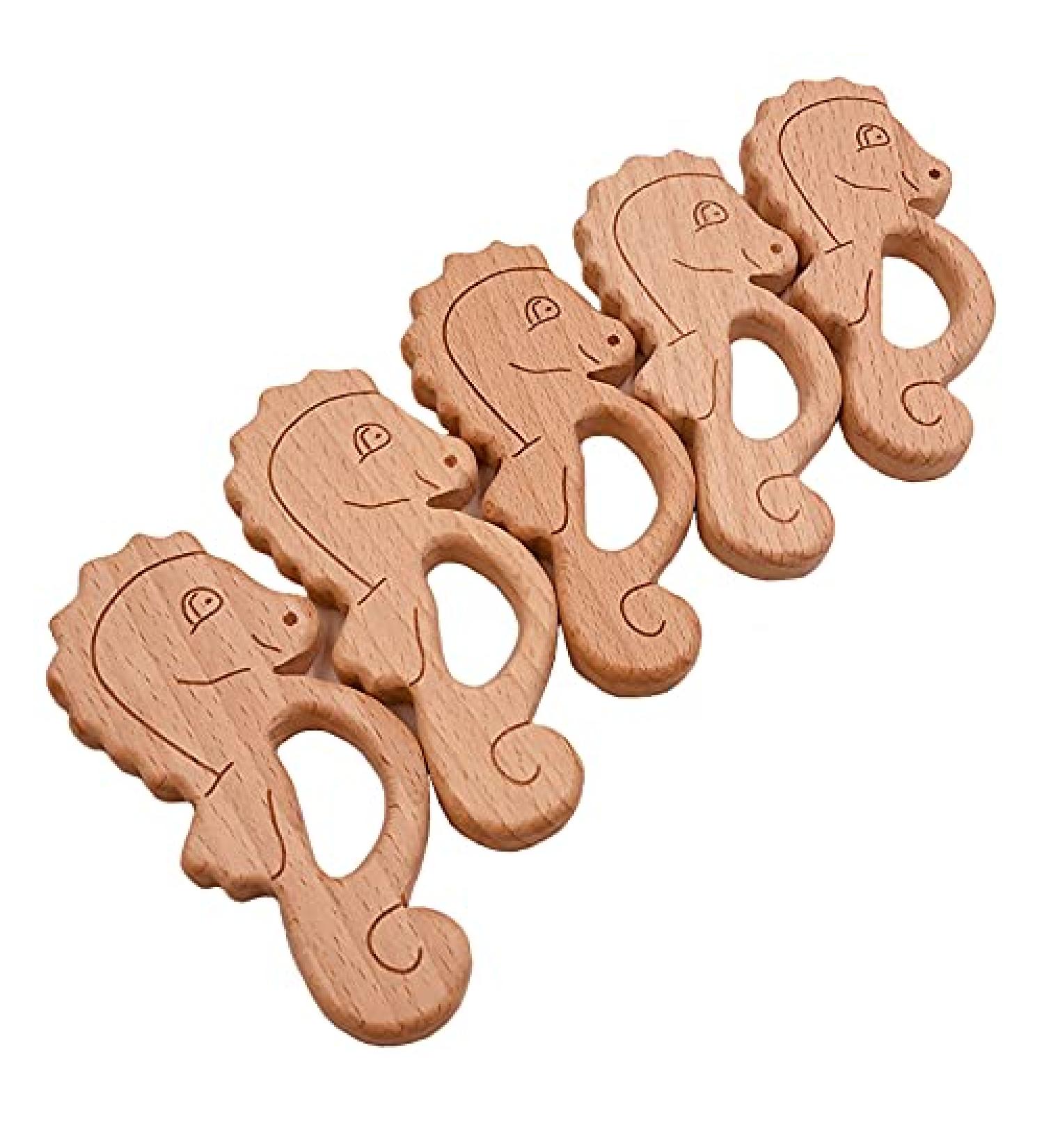 Wendysun 5pcs Cartoon Wood Teether - Natural Animal Hippocampus Shape Baby Teething Toy - Buy Online on GoSupps.com