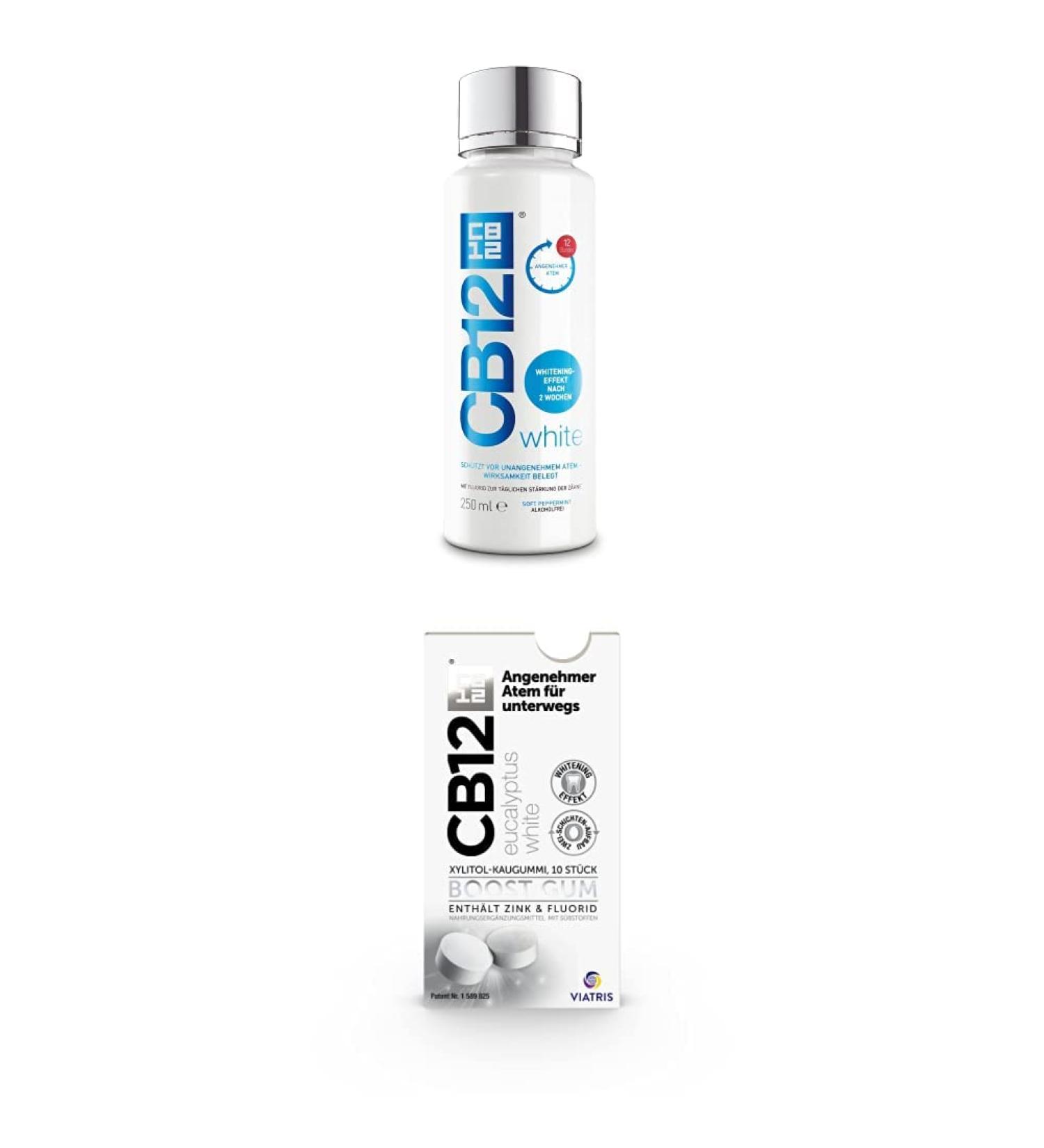 CB12 White mouthwash and CB12 boost Eucalyptus White for fresh breath and whiter teeth
