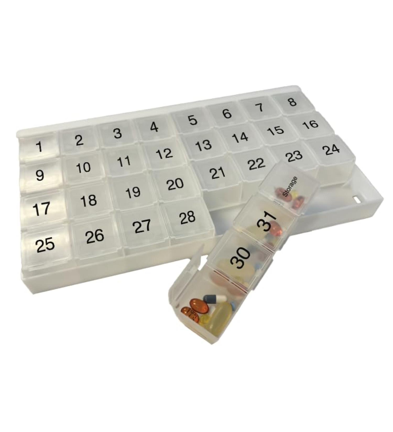 Buy Unique XL Monthly Pill Organizer - 31 Compartment Daily & Weekly Planner with Tray & 8 Extra Large Removable Compartments - Ideal for International Shipping - Buy Online on GoSupps.com