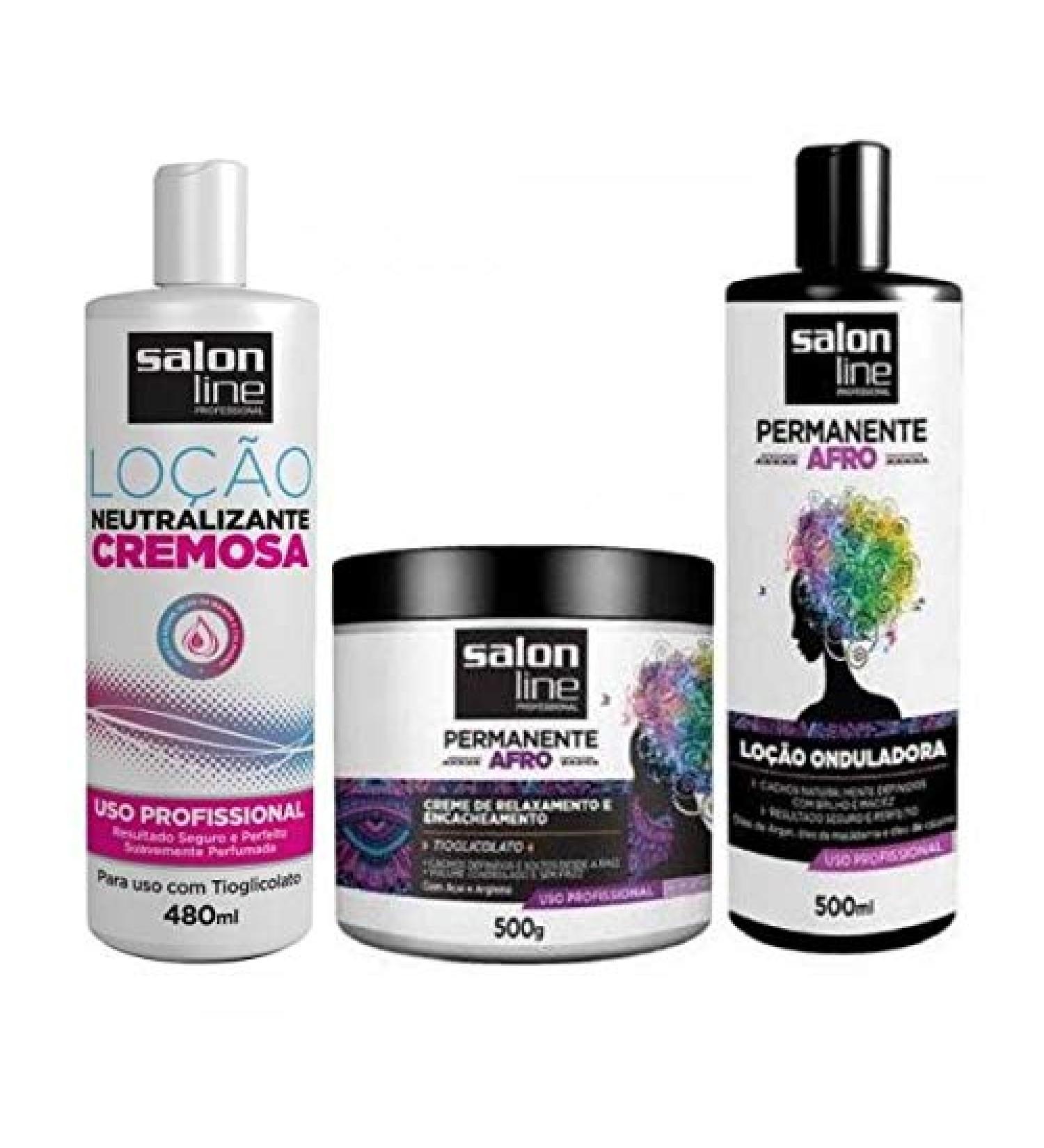 Salon Line - Kit Afro Creme de Relaxamento e Encacheamento 500 Gr+ Locao Onduladora 500 Ml + Locao Neutralizante Cremosa 480 Ml -(Curling  Relaxing + Wavy Styling Creams + Creamy Neutralizing Lotion)