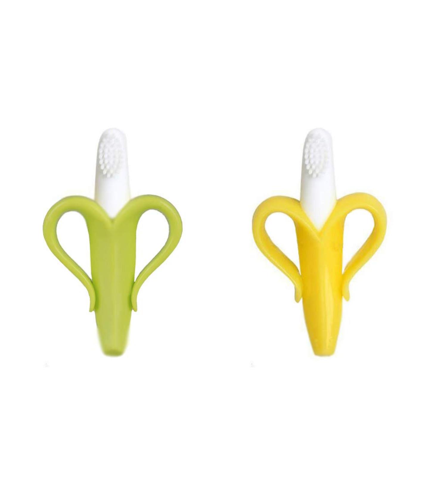 2x baby toothbrush and teething ring in one - practice brush training brush green yellow