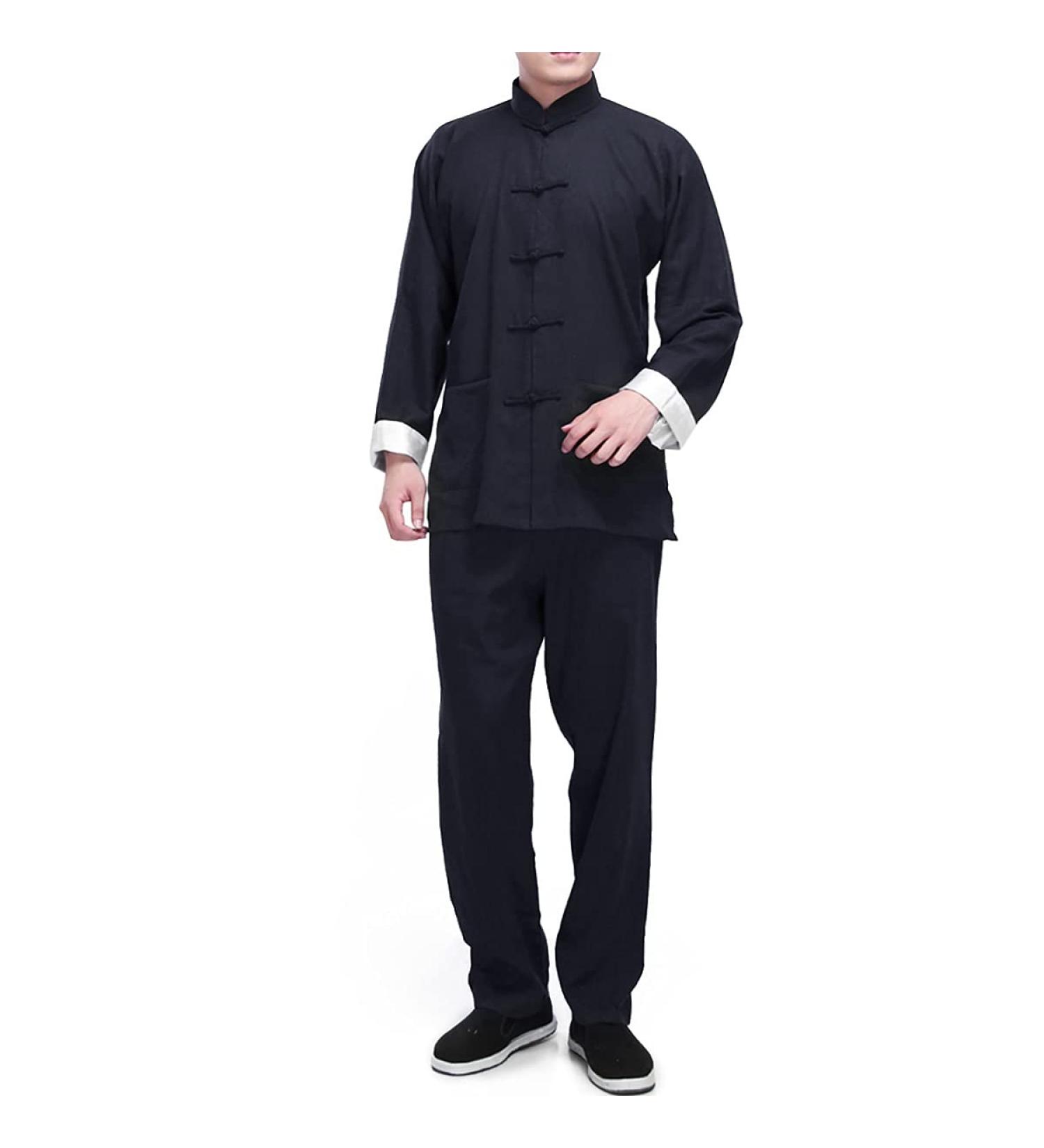 Men's Black Linen Kung Fu Suit Traditional Chinese Martial Arts Uniform | Long Sleeve Mandarin Jacket & Pants Tai Chi Set - Size Large - Buy Online on GoSupps.com