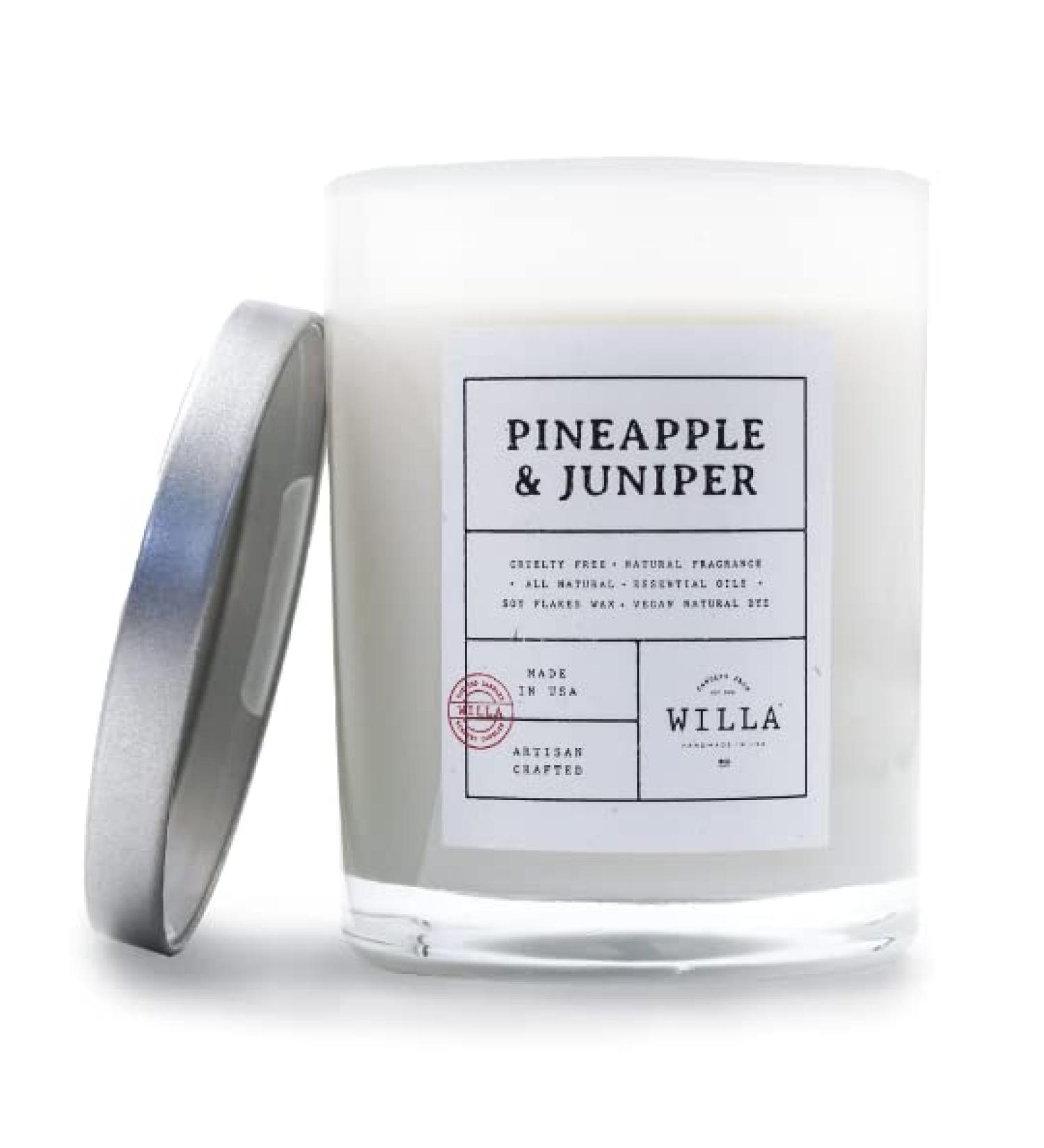 Willa Pineapple & Juniper Highly Scented Candle - All Natural Soy Wax Luxury Candles Artisan Made in The USA with Essential Oils - Best for a Home/Aromatherapy/Gift/Spa/Bathroom 9oz Jar Candle