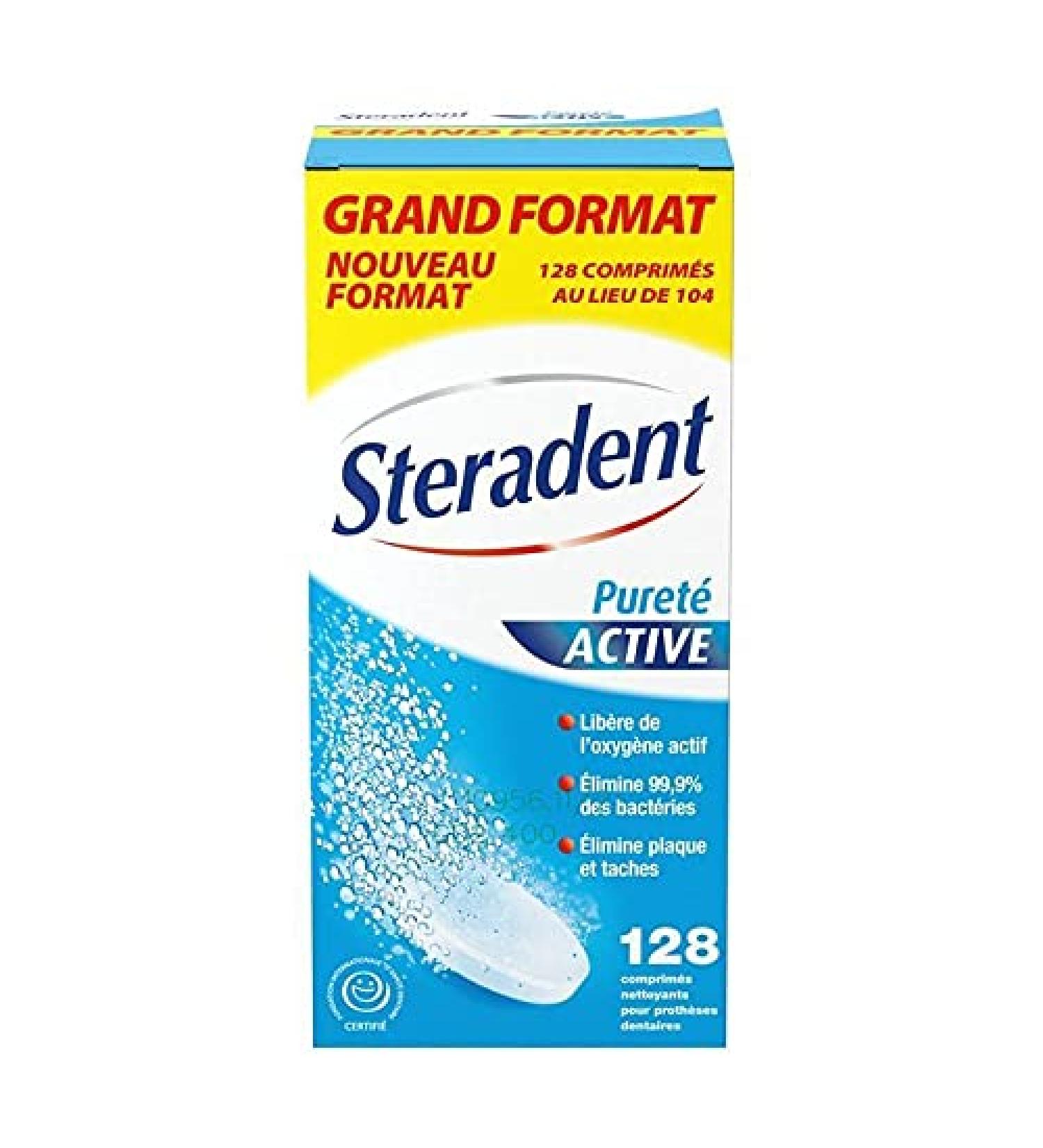 STERADENT - Comprim s Nettoyants Puret Active pour une Hygi ne Dentaire Impeccable - Bo te de 128 unit s - Lot De 3 - Vendu Par Lot