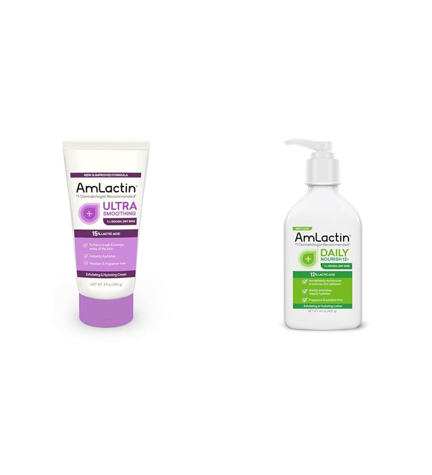 AmLactin Ultra Smoothing - 4.9 oz Body & Hand Cream with 15% Lactic Acid - Exfoliator and Moisturizer & Daily Nourish 12% - 14.1 oz Body Lotion with 12% Lactic Acid - Exfoliator and Moisturizer - Buy Online on GoSupps.com