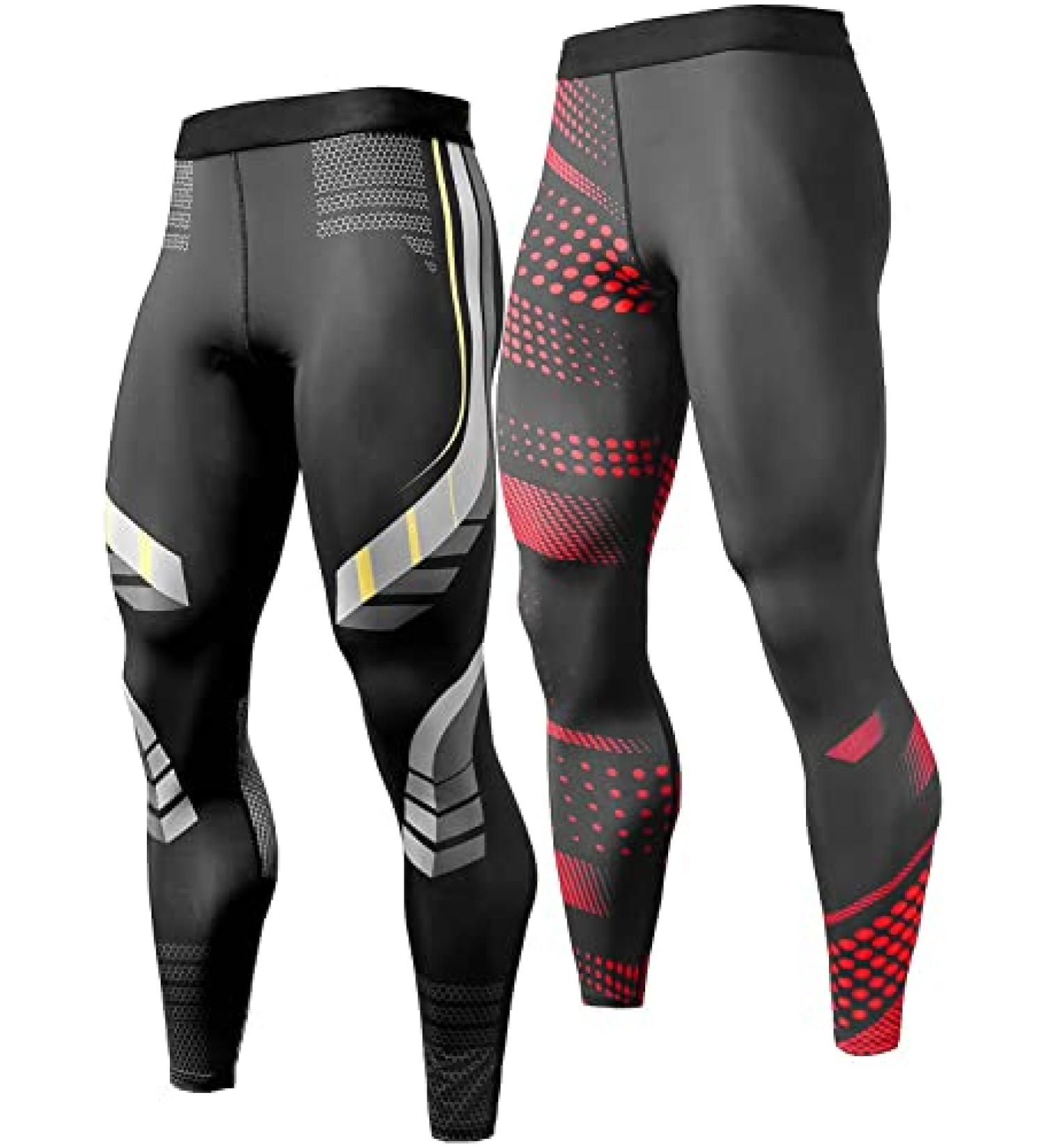 CANGHPGIN Men's Compression Pants 2 Pack - Red&Yellow Stripe - Small | Gym Running Baselayer Athletic Leggings - Buy Online on GoSupps.com
