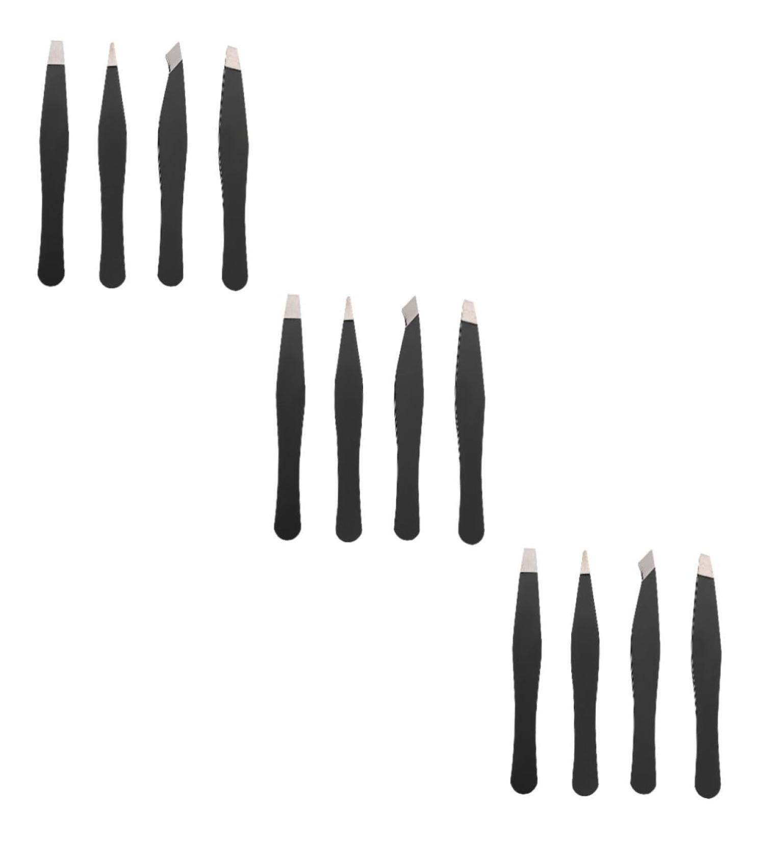 12 STK Mini Eyebrow Tweezers Set - Pointed Precision Tweezers for Women's Beauty - Sloping Lace Steel - 3 Black Sets - Perfect for Eyebrow Grooming - Buy Online on GoSupps.com