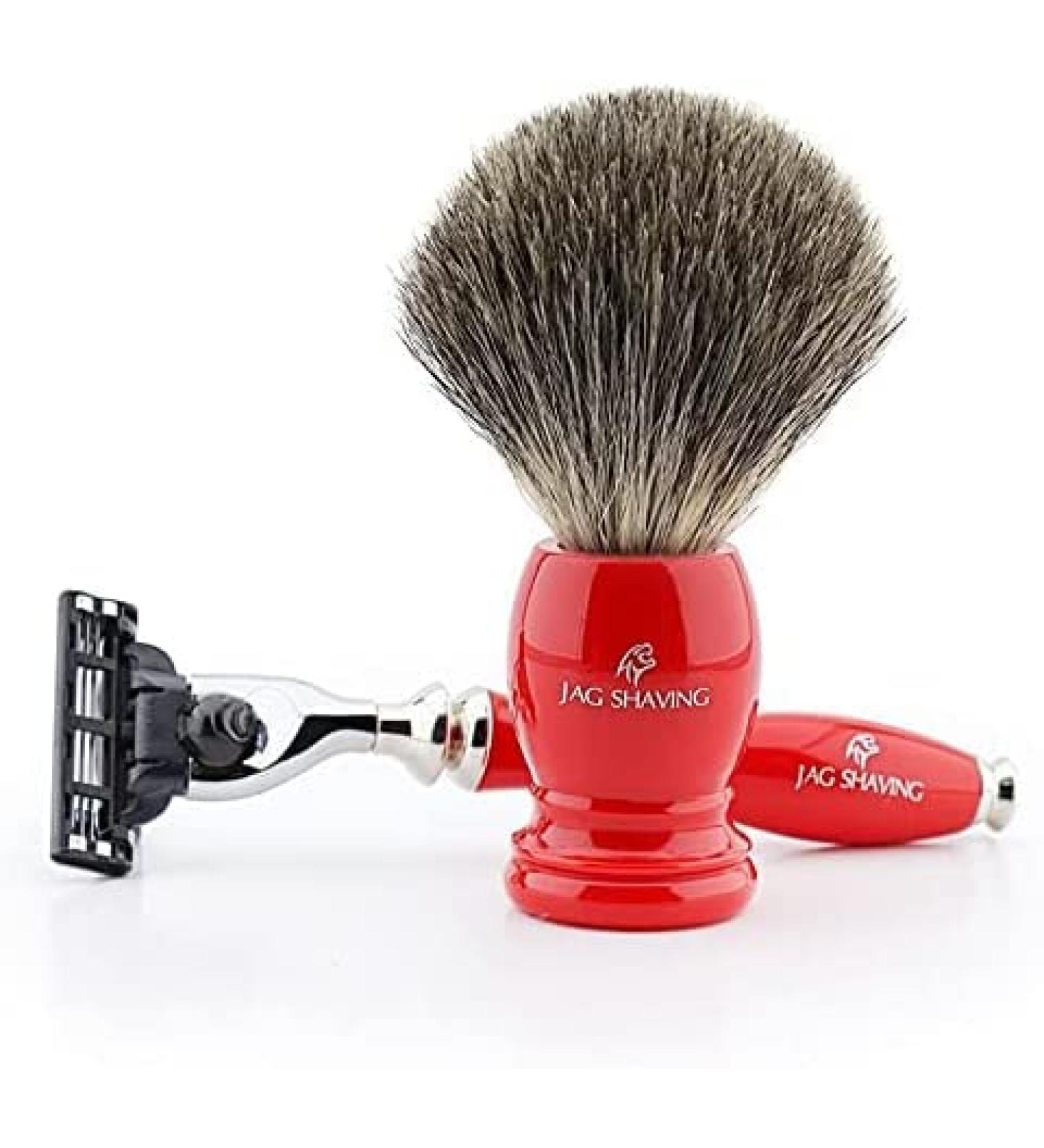 Jag Shaving 3-edge razor and badger hair shaving brush with red handle for men's shaving