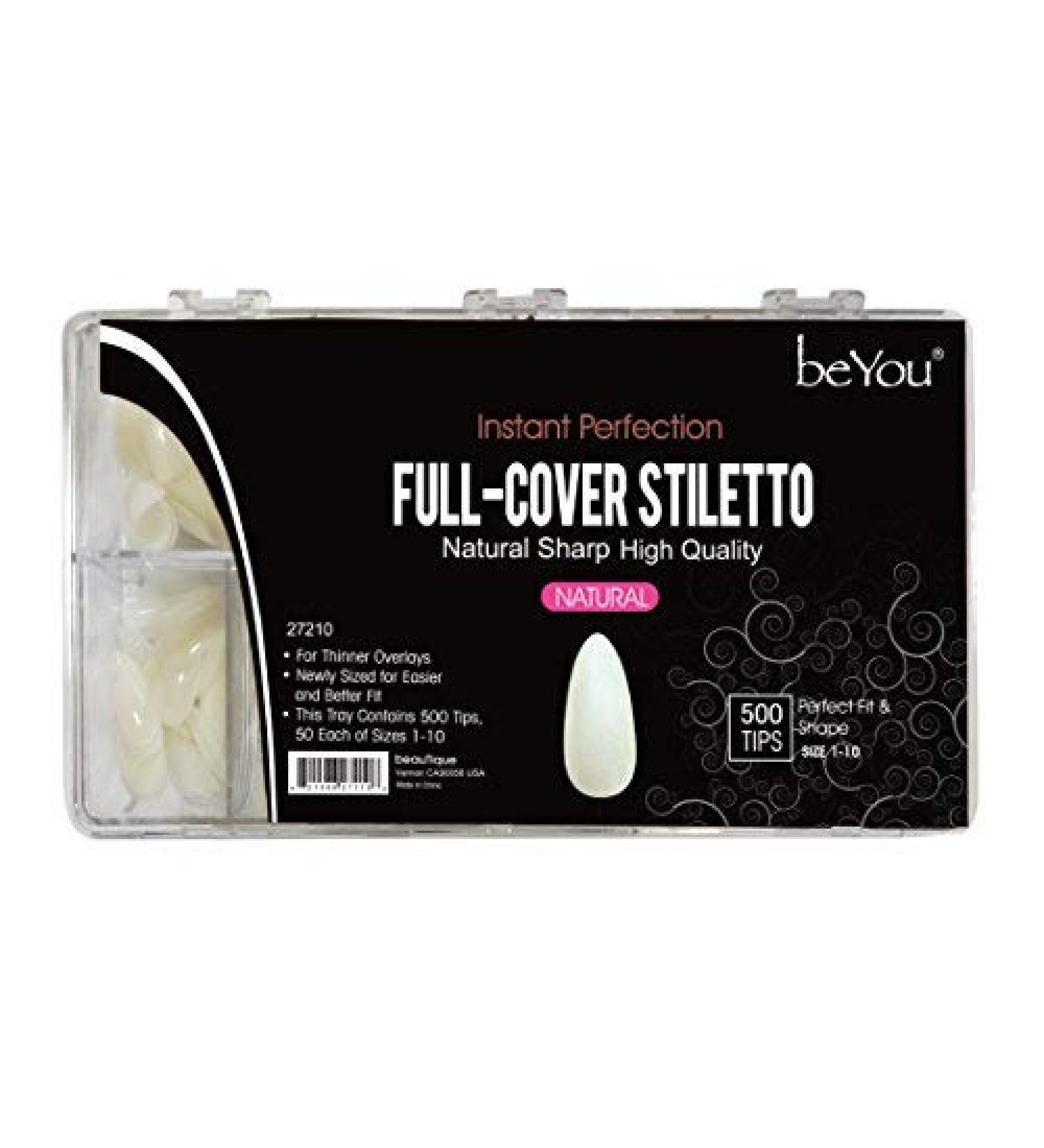 VIVACE Natural Full-Cover Stiletto 500 Artificial False Gel Nail Tips 10Sizes With Clear Plastic Case for Nail salon Nail Shop (Natural) Natural F.C Stiletto
