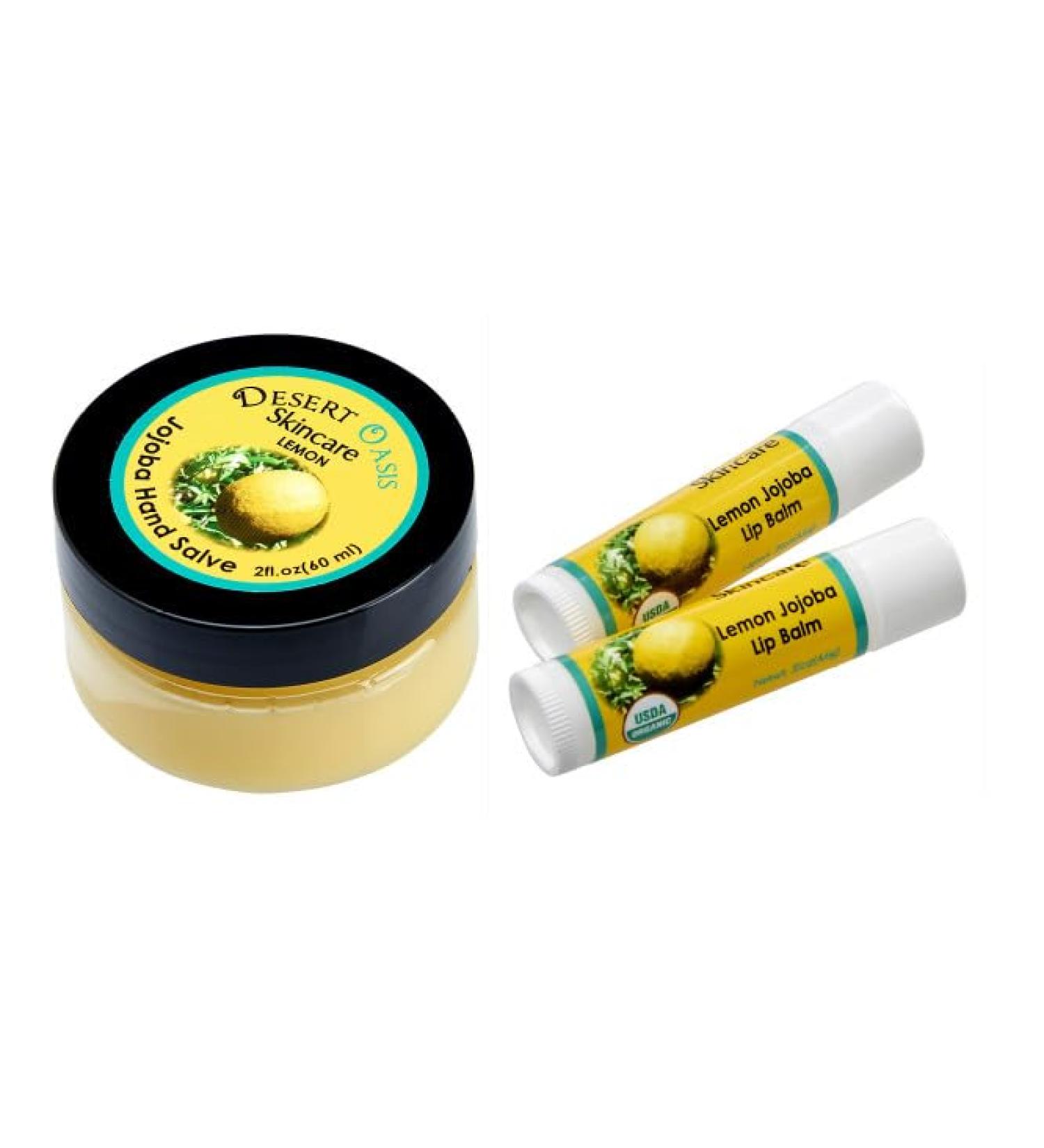 Lemon Hand Salve with over 50% Jojoba Oil plus 2 Organic Lemon Lip Balms with over 70% Jojoba Oil. 100% Natural. By Desert Oasis Skincare (1 fl oz/29 ml) - Buy Online on GoSupps.com