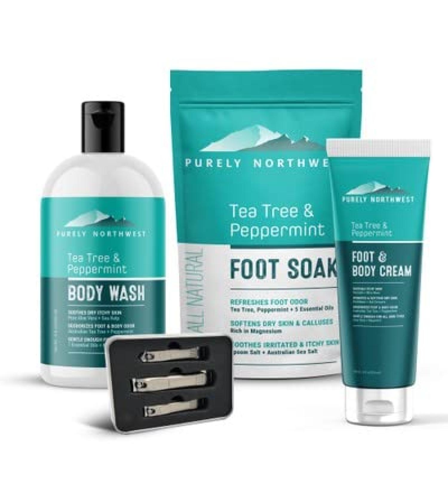 Tea Tree & Peppermint Foot Care Gift Set - Soothes, Softens & Hydrates Feet - Includes Wash, Soak, Cream & Nail Clippers by Purely Northwest - Buy Online on GoSupps.com