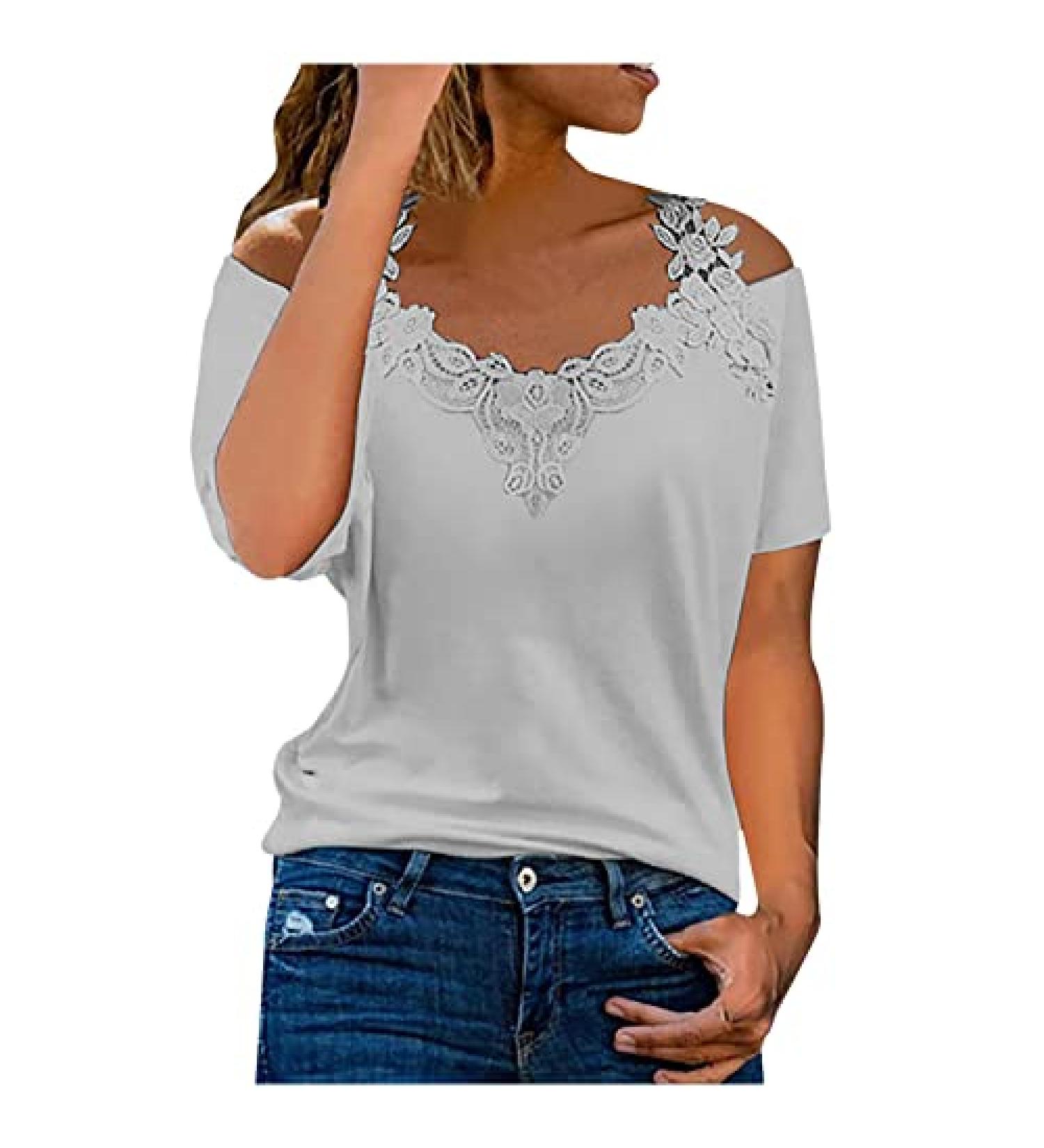 Gray X-Large Cutout Cold Shoulder Lace Patchwork T Shirt - Women's Plus Size V-Neck Floral/Solid Blouse | Summery Casual Short Sleeve Top - Buy Online on GoSupps.com