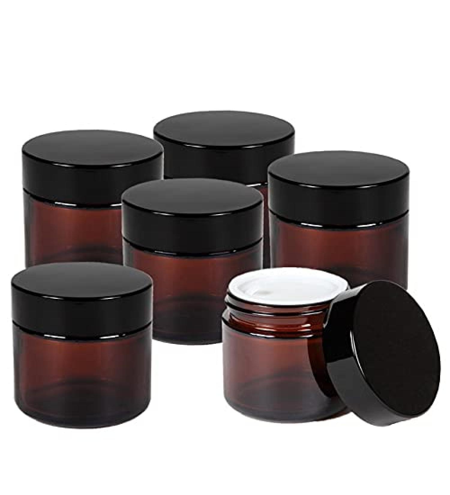 50ml Amber Glass Cosmetic Containers - 6 pcs with Inserts & Black Lids | Perfect for Creams Balms Oils & Lotions - International Shipping Available - Buy Online on GoSupps.com