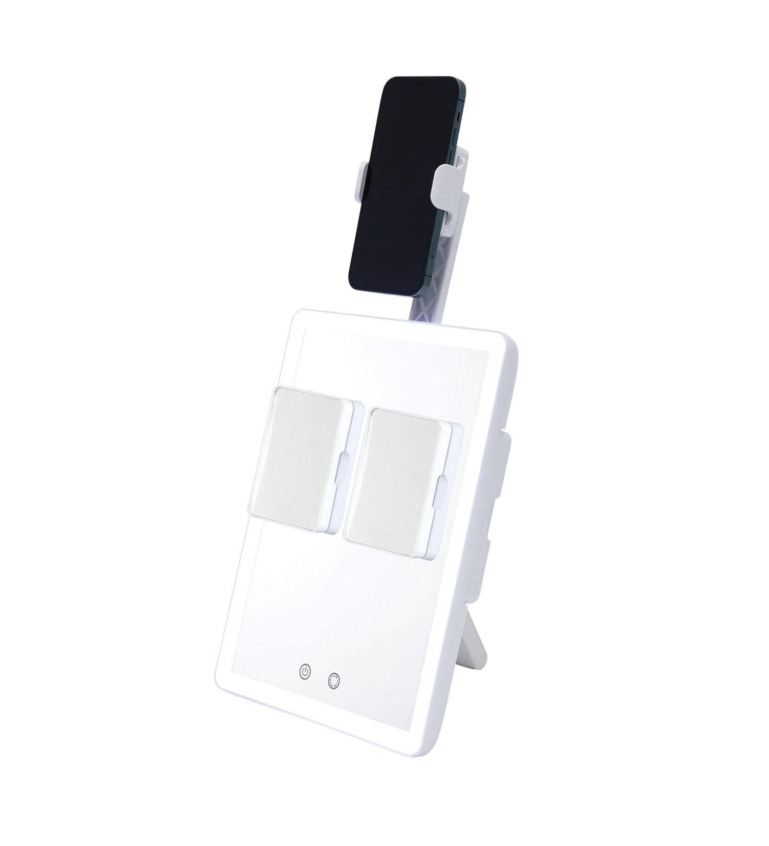 GloTech Portable LED Beauty Mirror Station with Magnetic Makeup Mat Cover - 10.8 x 8 - With Brush and Phone Holder - Buy Online on GoSupps.com
