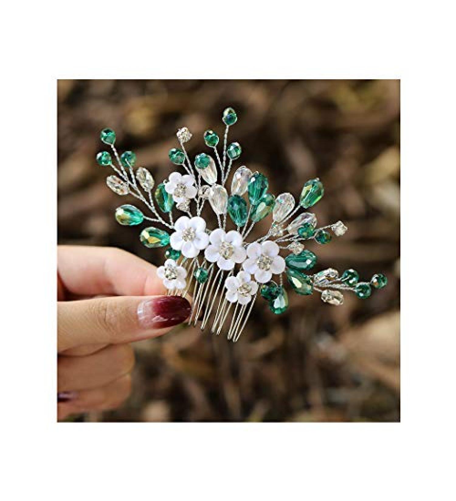 IYOU Princess Green Flower Pearl Hair Comb | Bridal Wedding Headpiece for Girls & Women Elegant Accessories - Buy Online on GoSupps.com