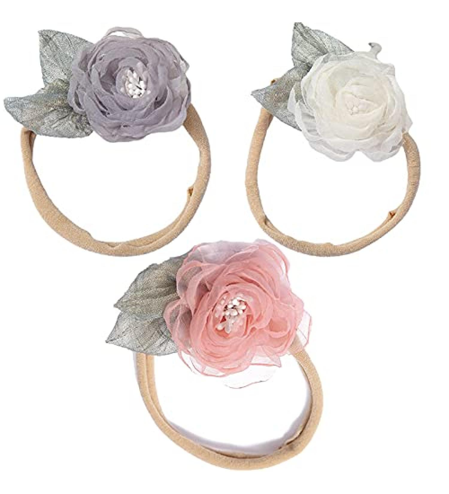 Geyan Multi-Colored Flower Hair Tie Set - 2 Piece Elastic Ponytail Holders for Girls | Personalized Hair Jewelry for Weddings (White Gray Pink) - Buy Online on GoSupps.com