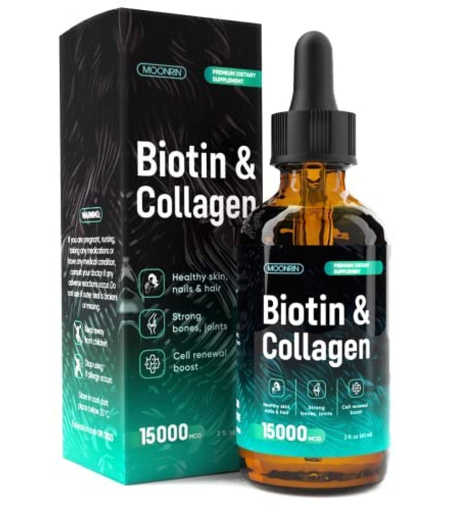 MOONRIN Biotin & Collagen Liquid Drops - 15000mcg Hair Skin Nails Vitamins - Fast Growth & Absorption - 2 Fl Oz - Buy Online on GoSupps.com
