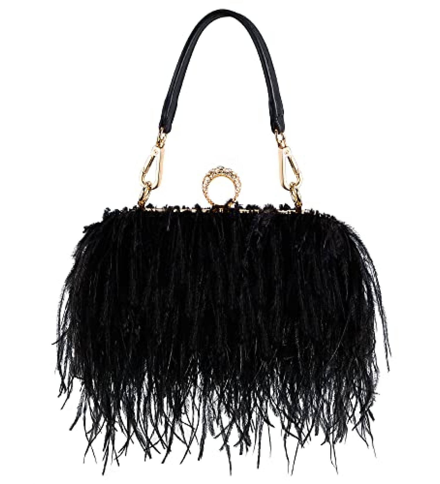 Women's Black Ostrich Feather Tote Bag - Fluffy Purse Clutch for Wedding Anniversary Party - Buy Online on GoSupps.com