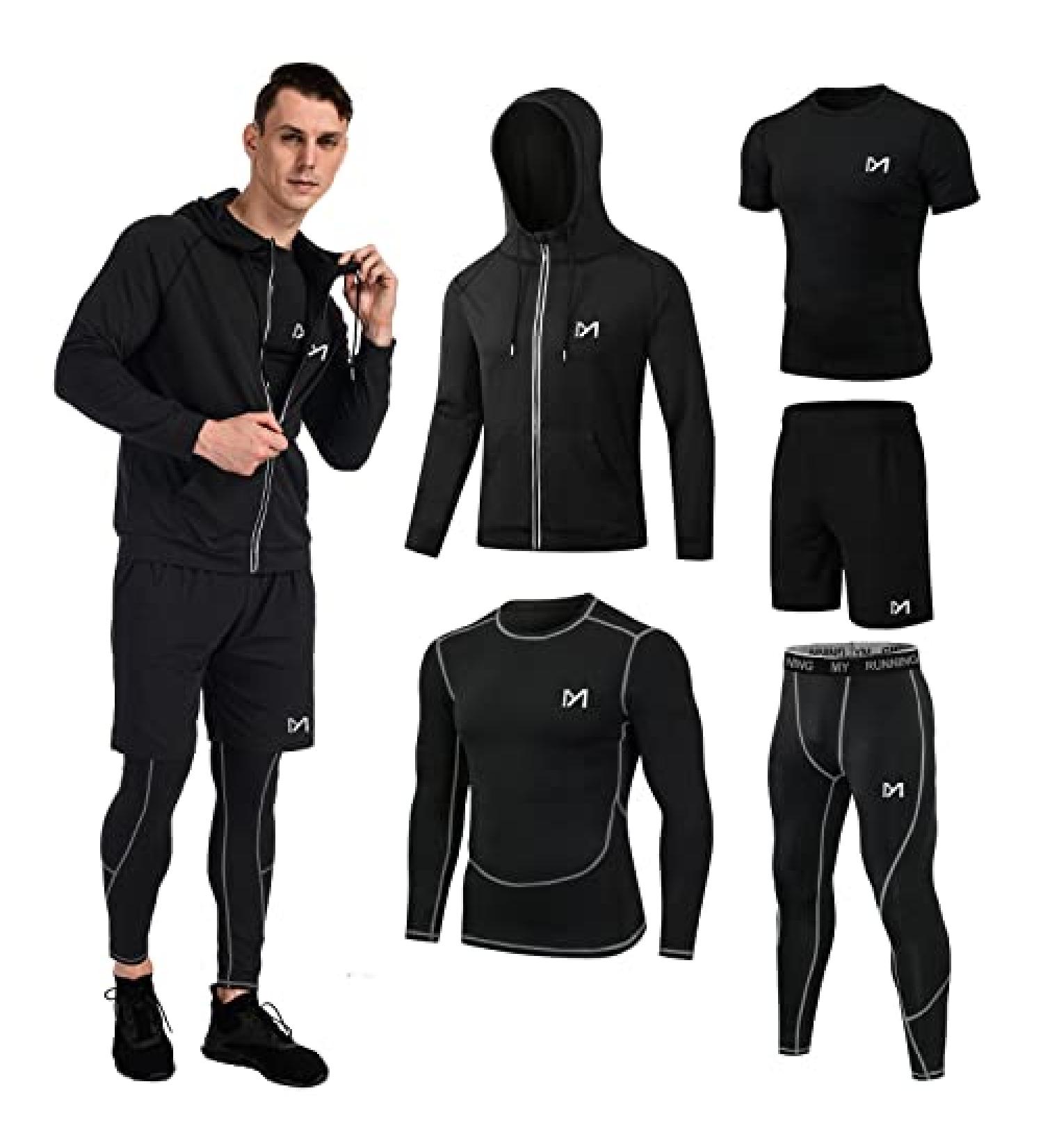 MEETYOO Men's 5-Piece Compression Set - Black Small, Long Sleeve Shirt, Athletic Shorts, Running Jacket - Buy Online on GoSupps.com