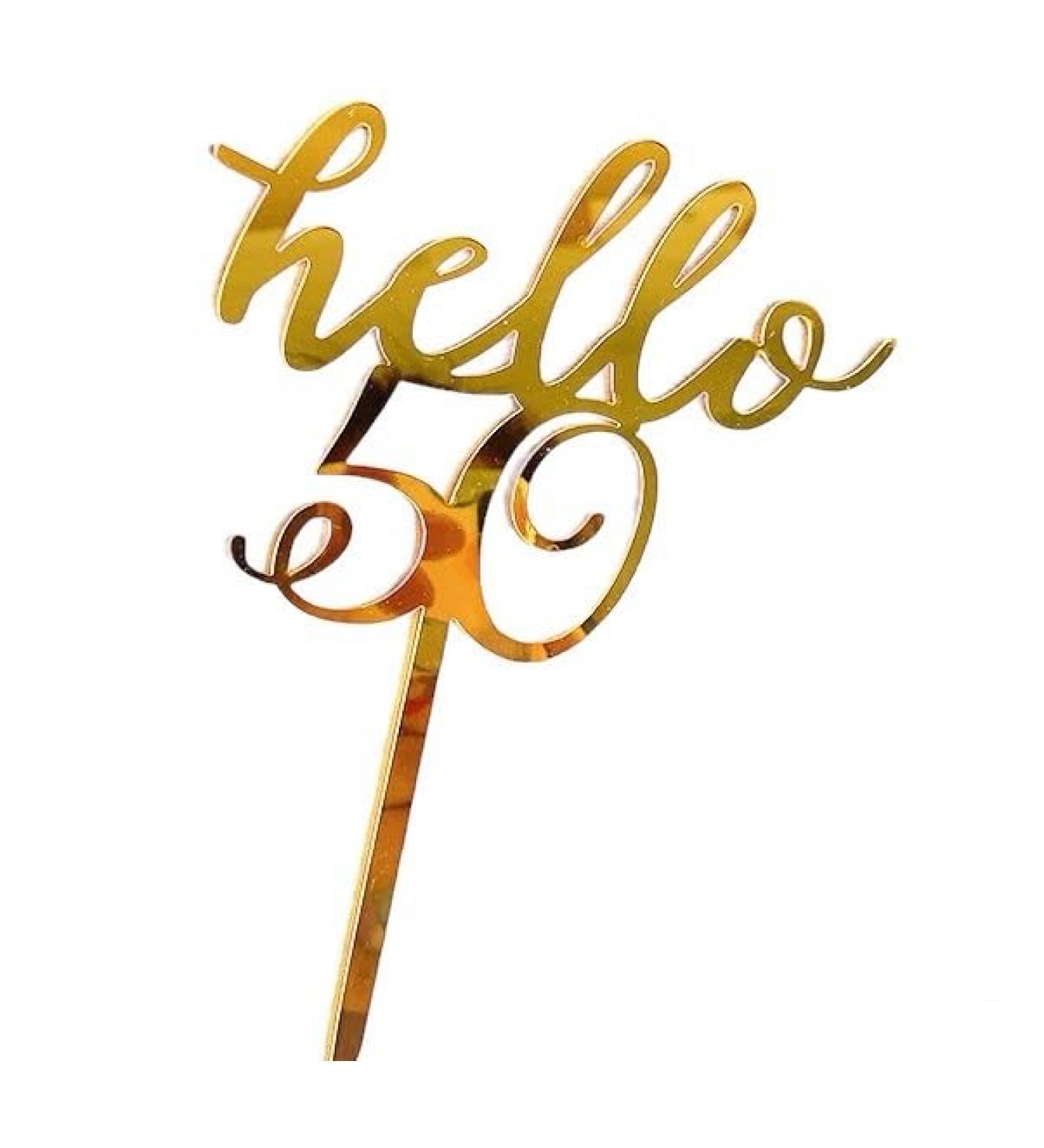 Emma Bunting Hello 50 Birthday Gold Acrylic Cake Topper - Reusable - 15cm x 9cm