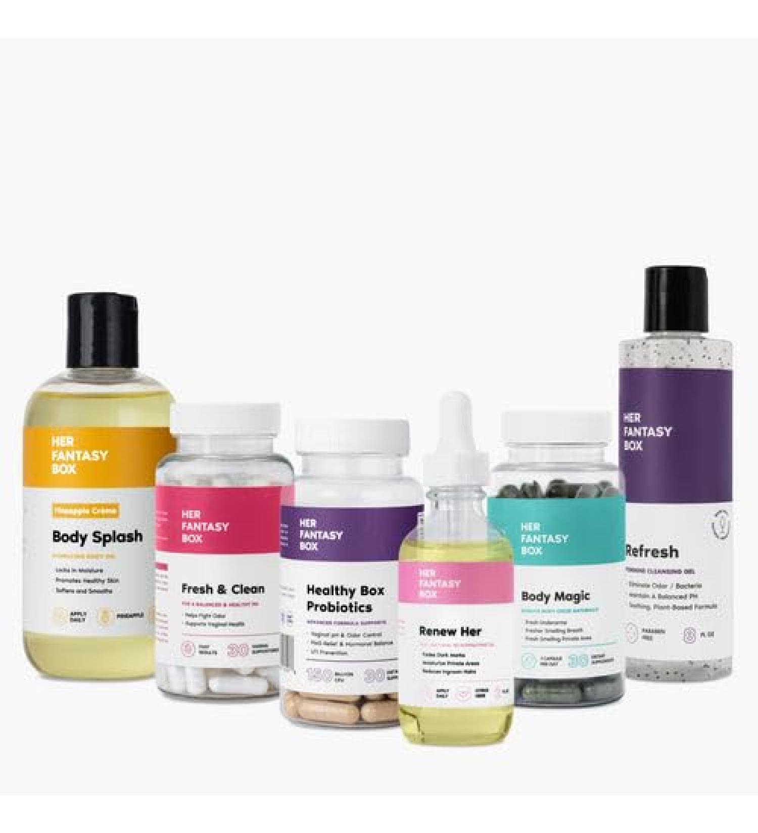 Her Fantasy Box | Ultimate Glow-Up Kit | Probiotics Chlorophyll Capsules Suppositories Body Oil Yoni Oil & pH Shower Gel Detox Hydration & Feminine Wellness Bundle - Buy Online on GoSupps.com