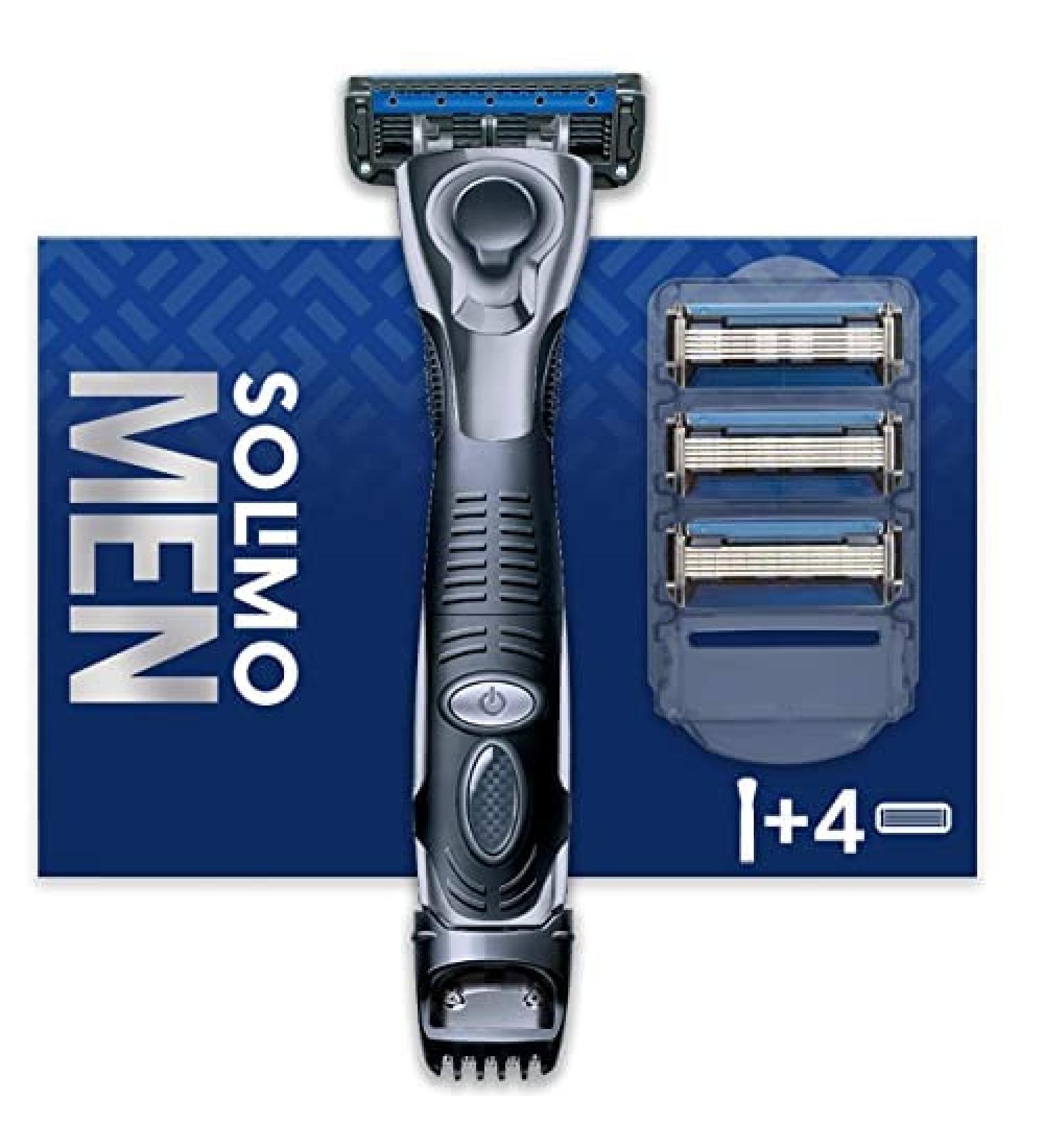 Amazon Brand - Solimo Men's 5 Blade Razor with 3-in-1 Trimmer and 4 Blades 5 Piece Set