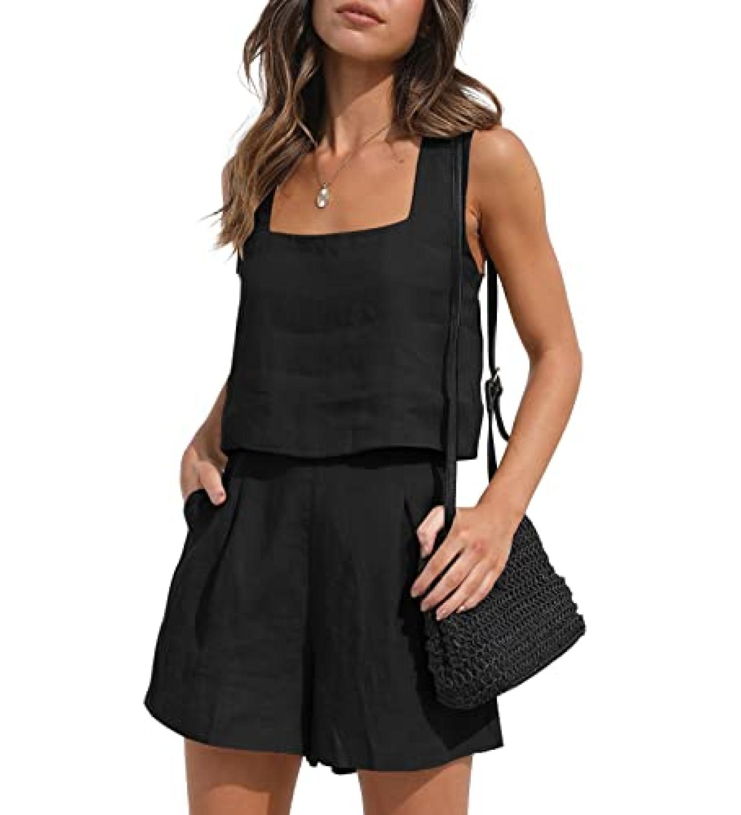 AUTOMET Women's Linen 2-Piece Outfit | Boho Crop Top & Shorts Set For Summer & Beach