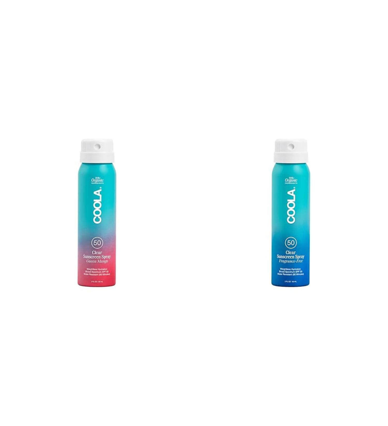 COOLA Organic Sunscreen SPF 50 Sunblock Spray Bundle - Guava Mango Travel Size & Fragrance Free Dermatologist Tested Vegan 2 Fl Oz Each (2-Pack)