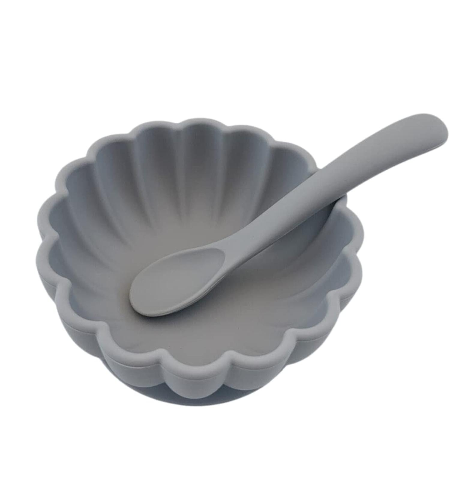 Alimos Scalloped Edge Silicone Baby Weaning Bowl and Spoon Set - BPA-Free, Suction Base, Pale Grey - Buy Online on GoSupps.com