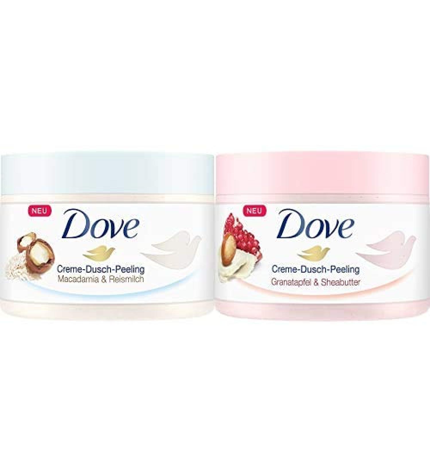 Dove shower peeling macadamia & rice milk 4-pack (4 x 225 ml) + Dove cream-shower peel for silky smooth skin pomegranate & shea butter with a rich texture 4 Pack (4 x 225 ml)
