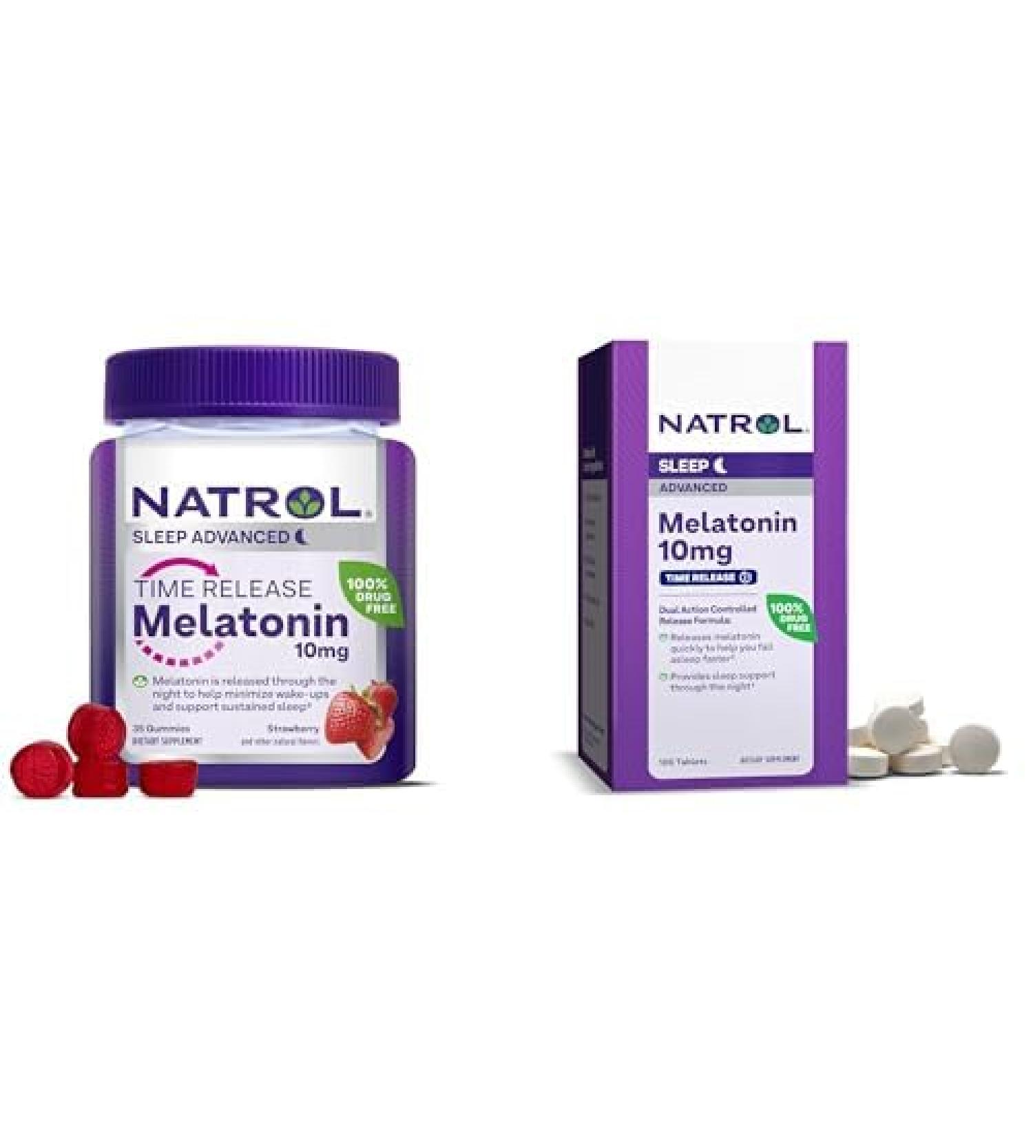 Bundle of Natrol Time Release Melatonin 10 mg 100 Tablets Dietary Supplement for Restful Sleep & Natrol Time Release Melatoning 3mg Gummies 35 Strawberry-Flavored Melatonin Gummies 35 Day Supply