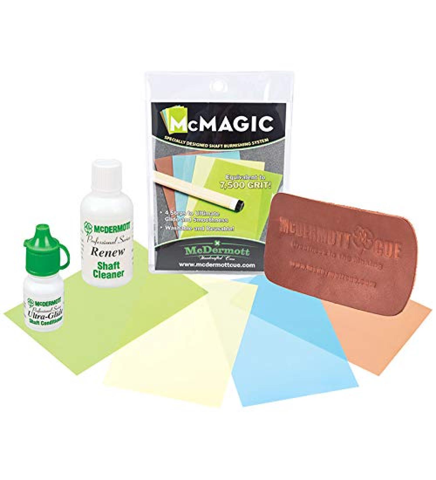 McDermott Billiards Pool Cue Shafts Maintenance Kit McMagic Micro Burnishing Papers + Ultra-Glide Shaft Conditioner + Renew Shaft Cleaner + Leather Pad Shaft Conditioner