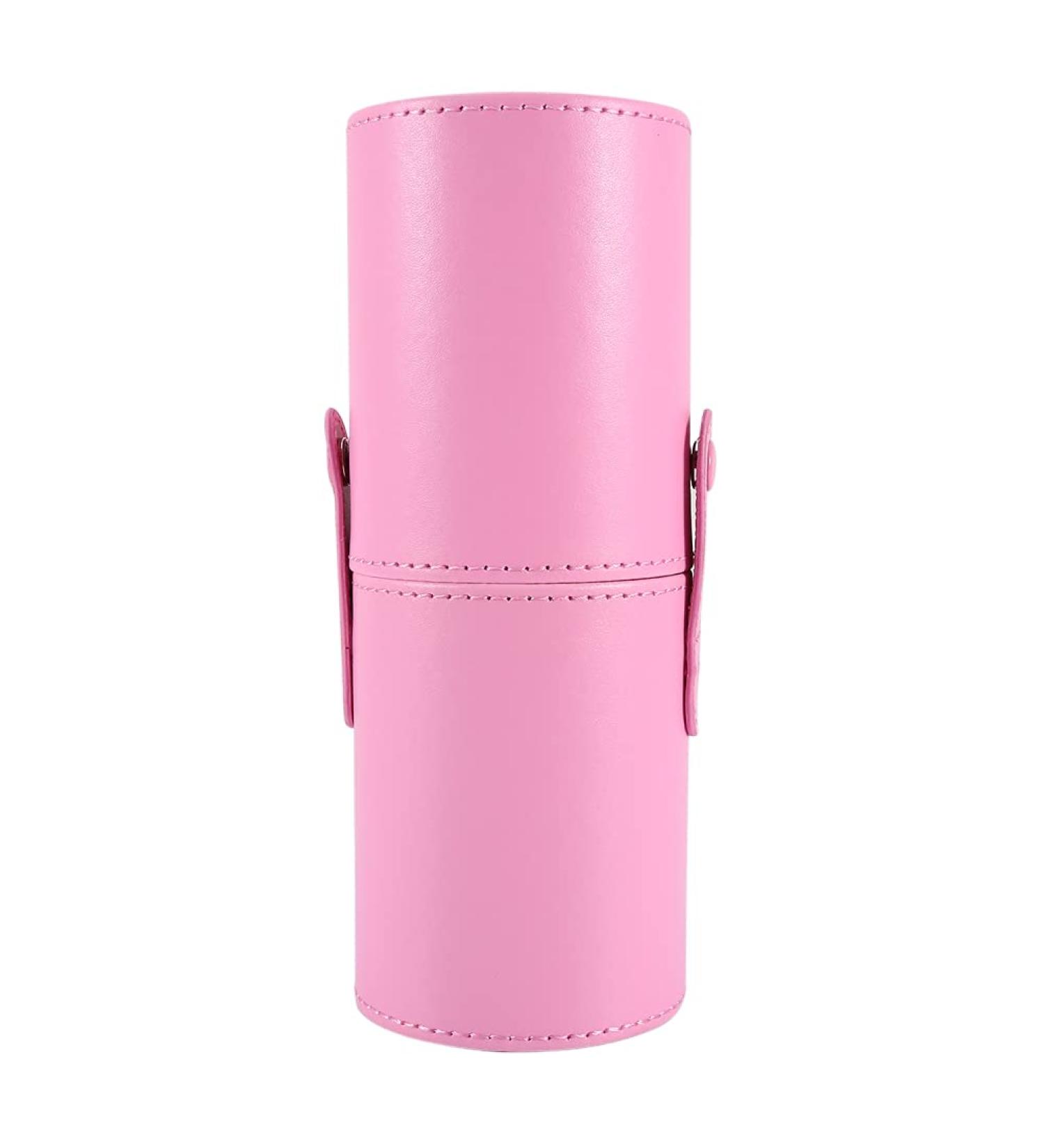 Pink PU Leather Makeup Brush Holder | Cylinder Organizer for 10-18 Brushes | Travel Case with Pocket & Buckle Design - Buy Online on GoSupps.com