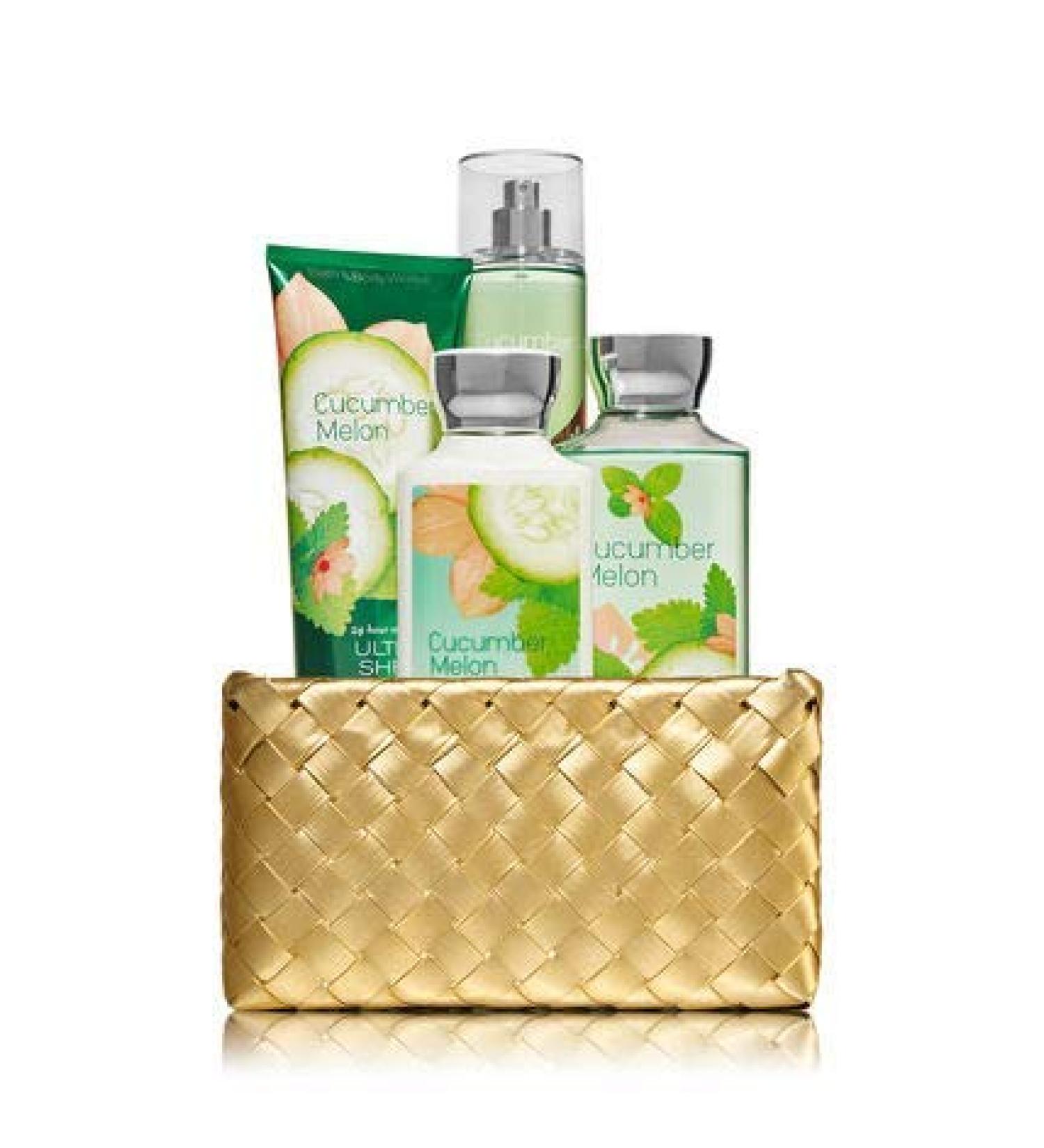 Bath and Body Works CUCUMBER MELON Gold Woven Basket Gift Kit