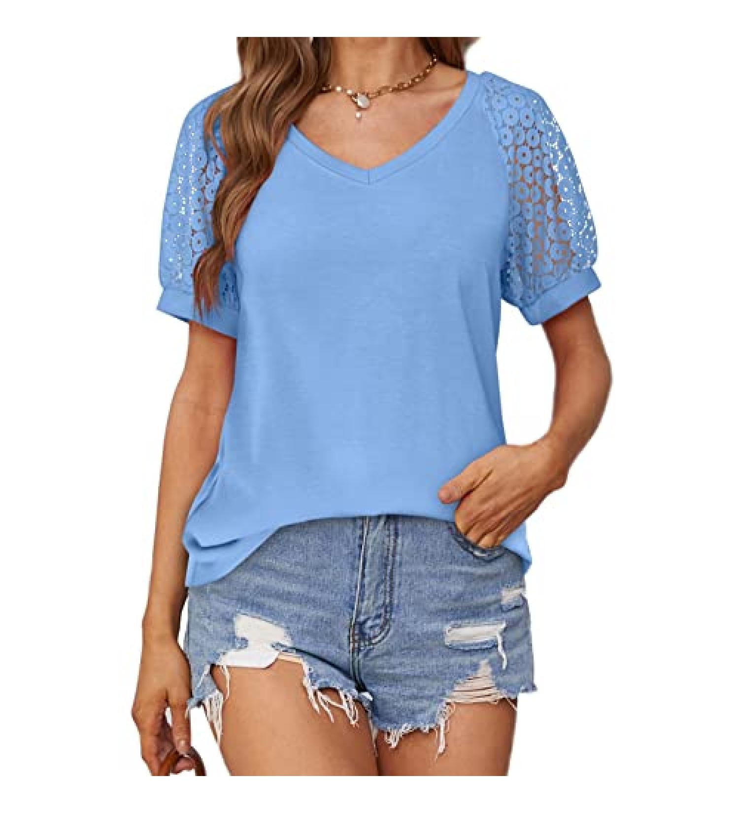 MALAIDOG Womens Lace Puff Sleeve Tunic Blouse - Floral V Neck Tee, Summer Flowy Top Blue - Buy Online on GoSupps.com