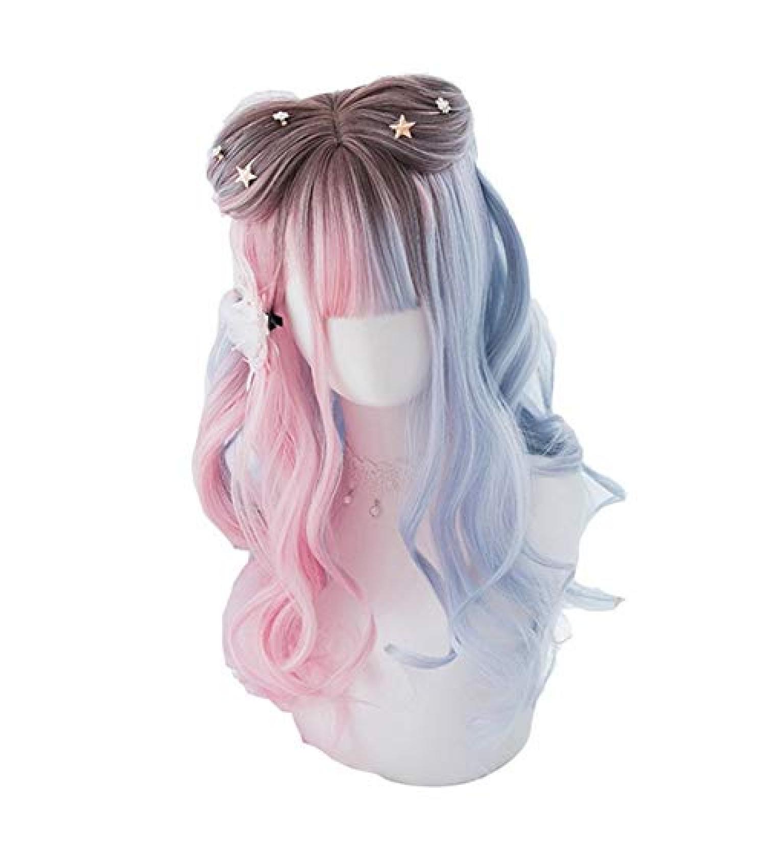 L-Email Wig Blue Pink Lolita Wigs Gradient Long Wave Cosplay Wigs Bobo Kawaii Halloween Wig Heat Resistant Synthetic Hair 21inches Multi Color