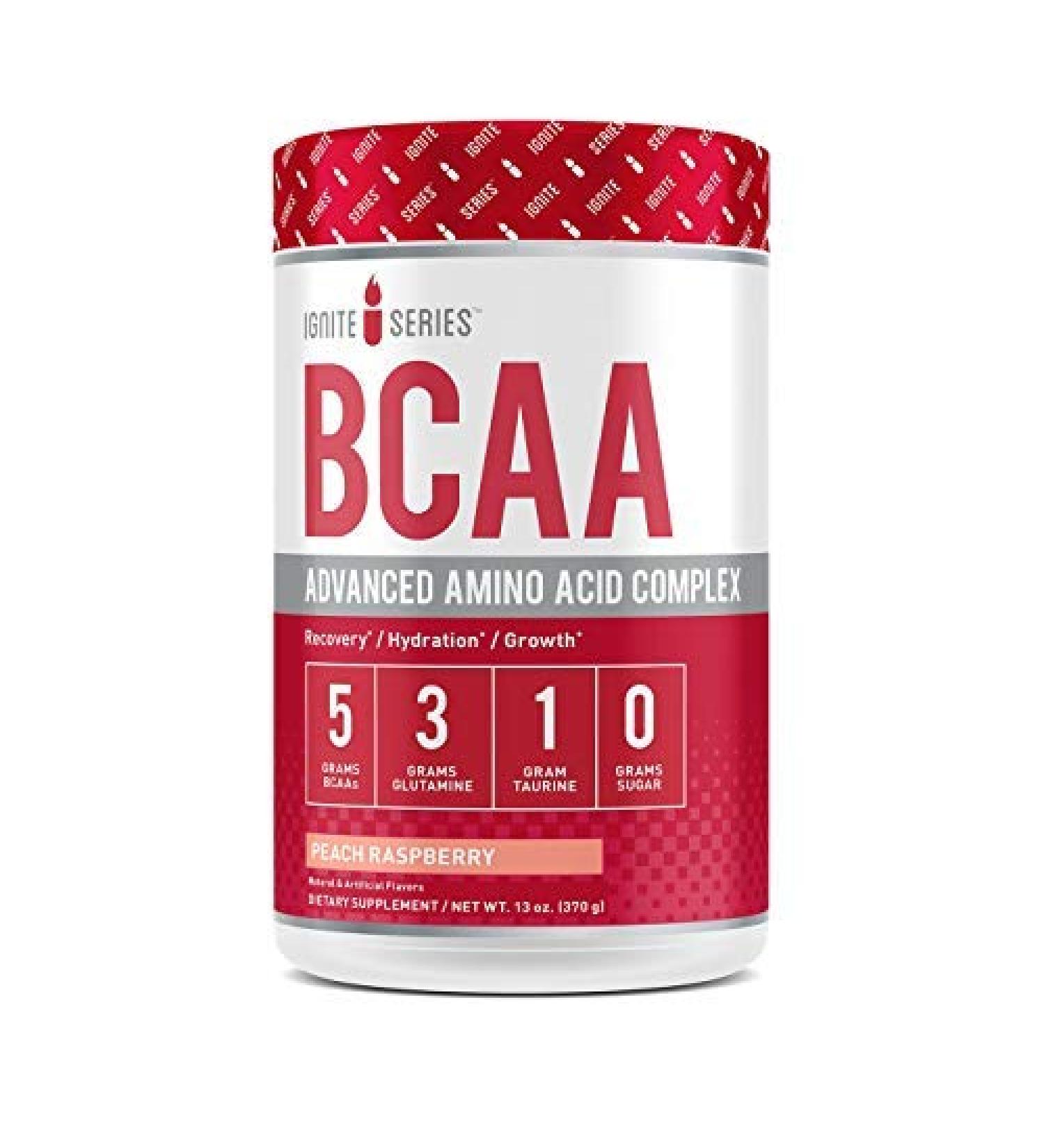 Ignite Series BCAA Peach Raspberry BCAA BCAAs Amino Acids Post Workout Muscle Recovery Hydration Glutamine 13 oz Tub (30 Servings)