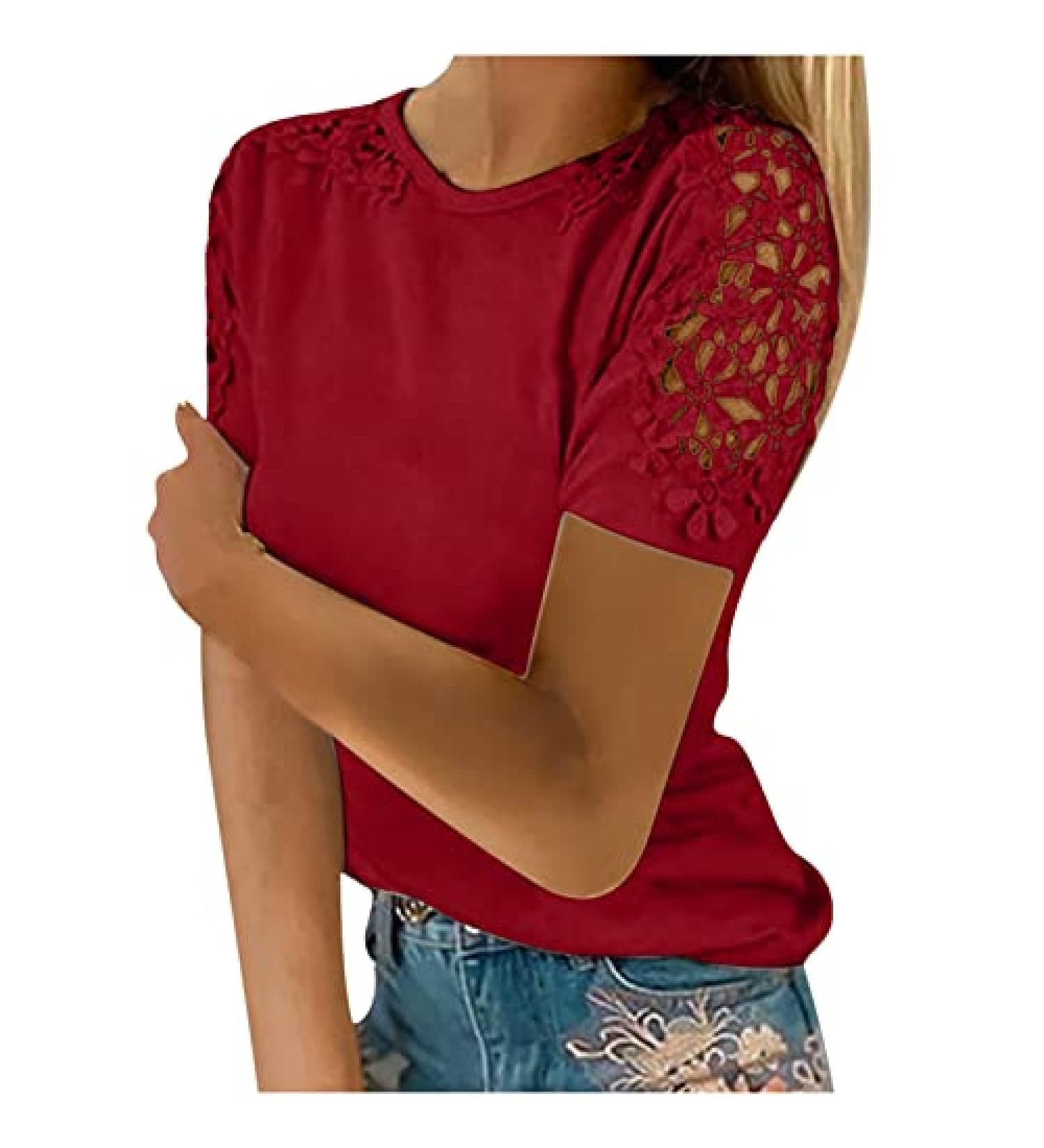 Women's Summer Cold Shoulder Lace Crochet T-Shirt | Short Sleeve Solid/Colorblock Loose Blouse - Medium - Buy Online on GoSupps.com